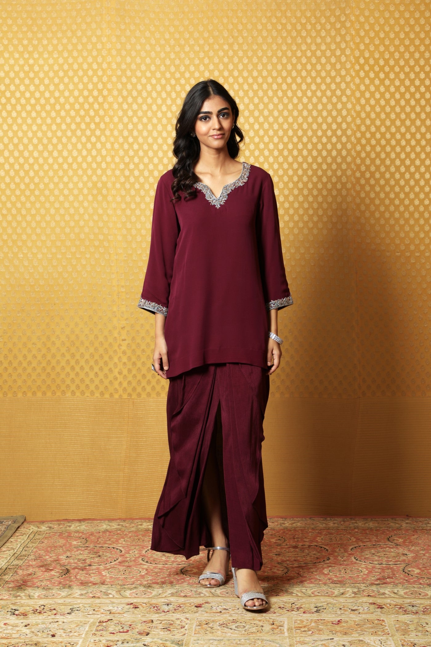 Hand-Embroidered Deep Wine Pure Crepe- Silk Short Kurta-Draped Skirt Set