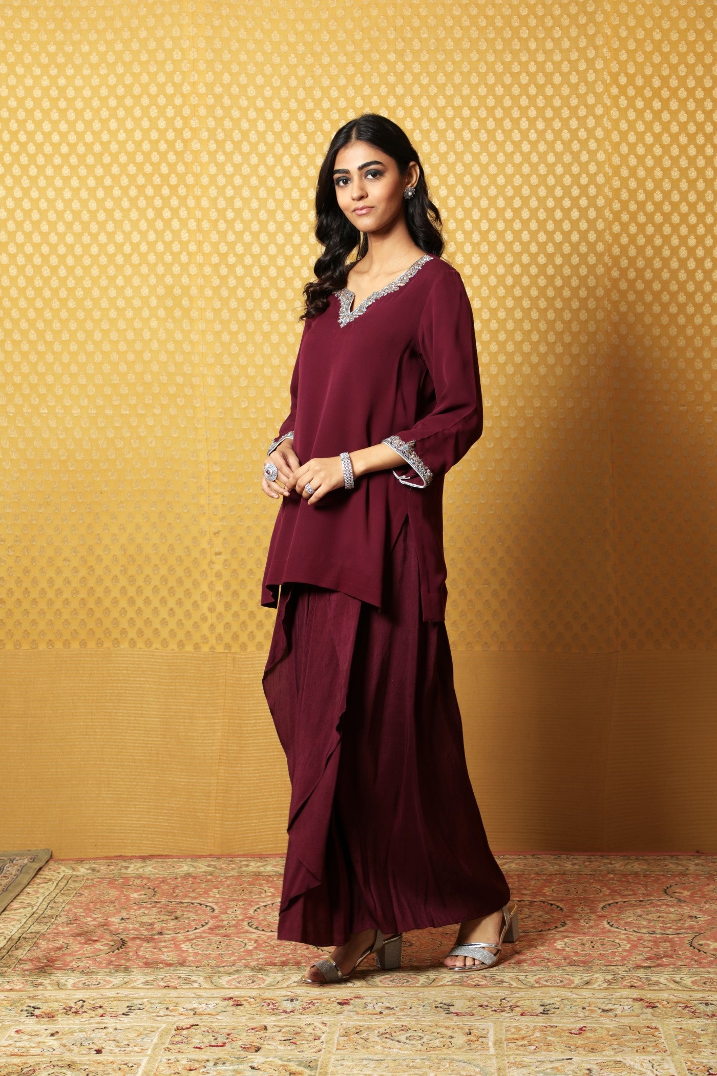 Hand-Embroidered Deep Wine Pure Crepe- Silk Short Kurta-Draped Skirt Set