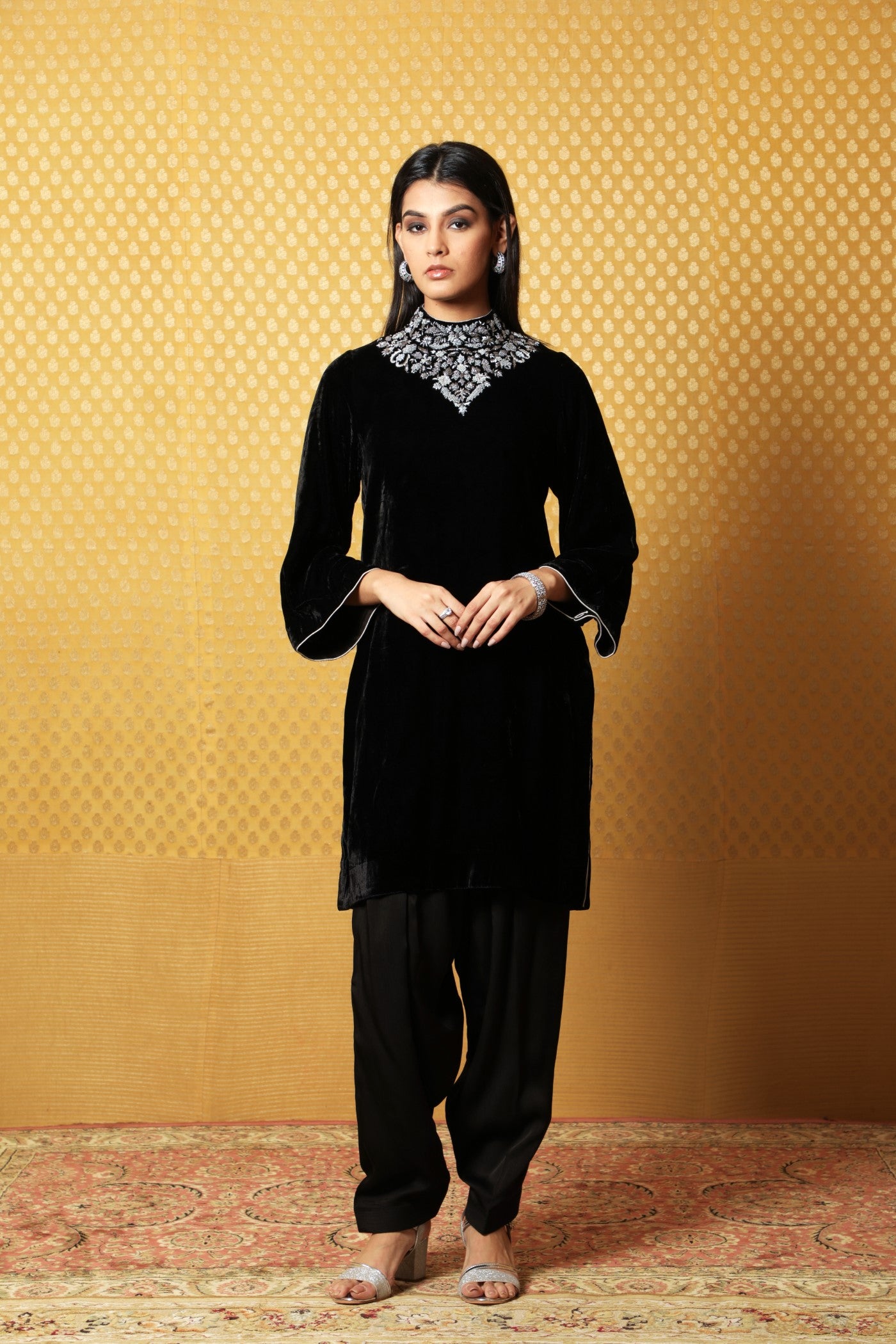 Black Hand-Embroidered Pure Silk Velvet Short Kurta Salwar Set