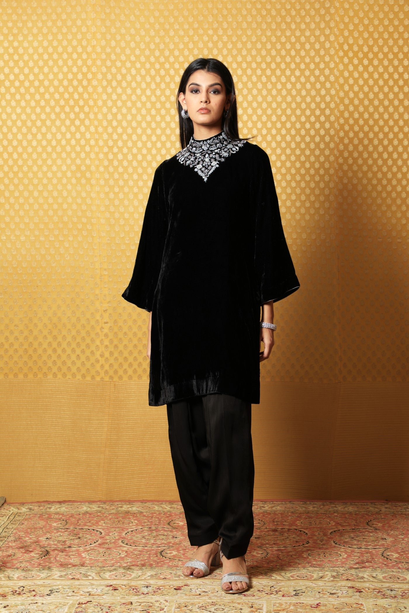 Black Hand-Embroidered Pure Silk Velvet Short Kurta Salwar Set