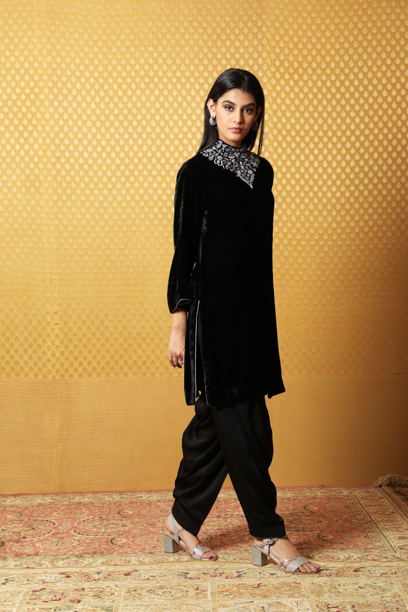 Black Hand-Embroidered Pure Silk Velvet Short Kurta Salwar Set