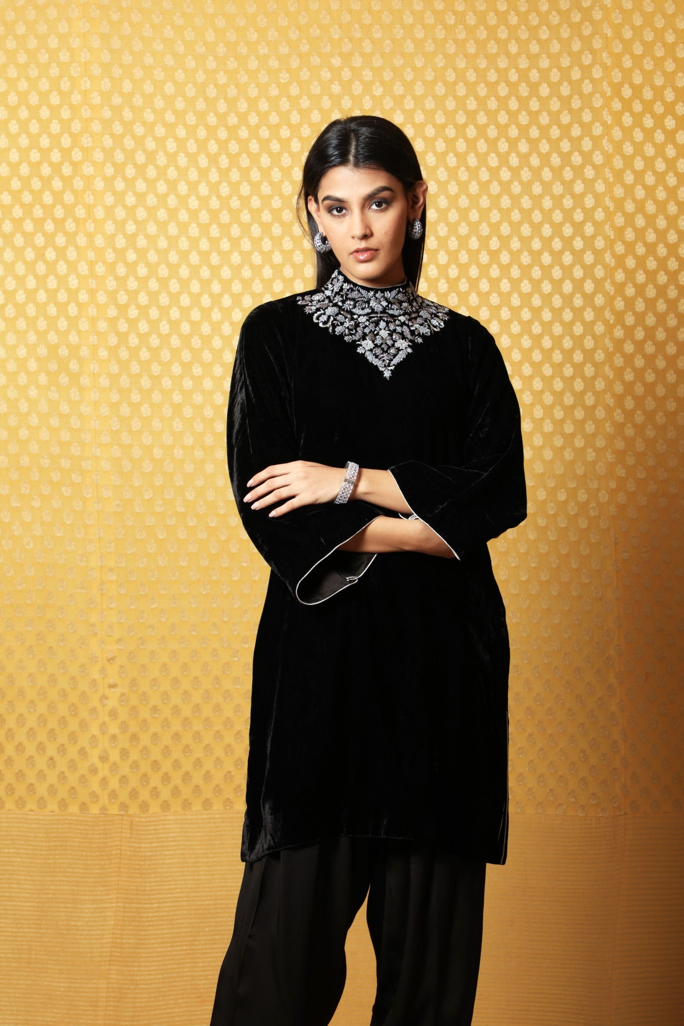 Black Hand-Embroidered Pure Silk Velvet Short Kurta Salwar Set