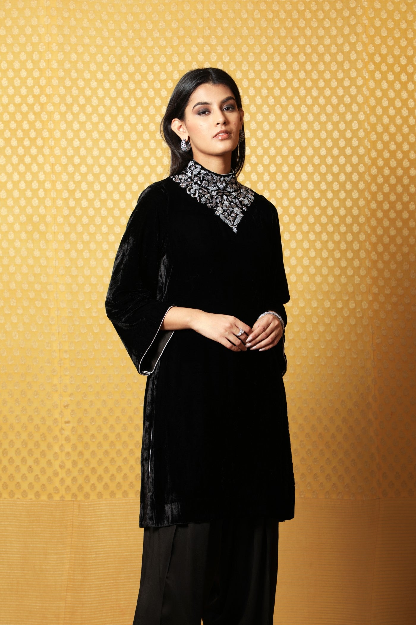 Black Hand-Embroidered Pure Silk Velvet Short Kurta Salwar Set