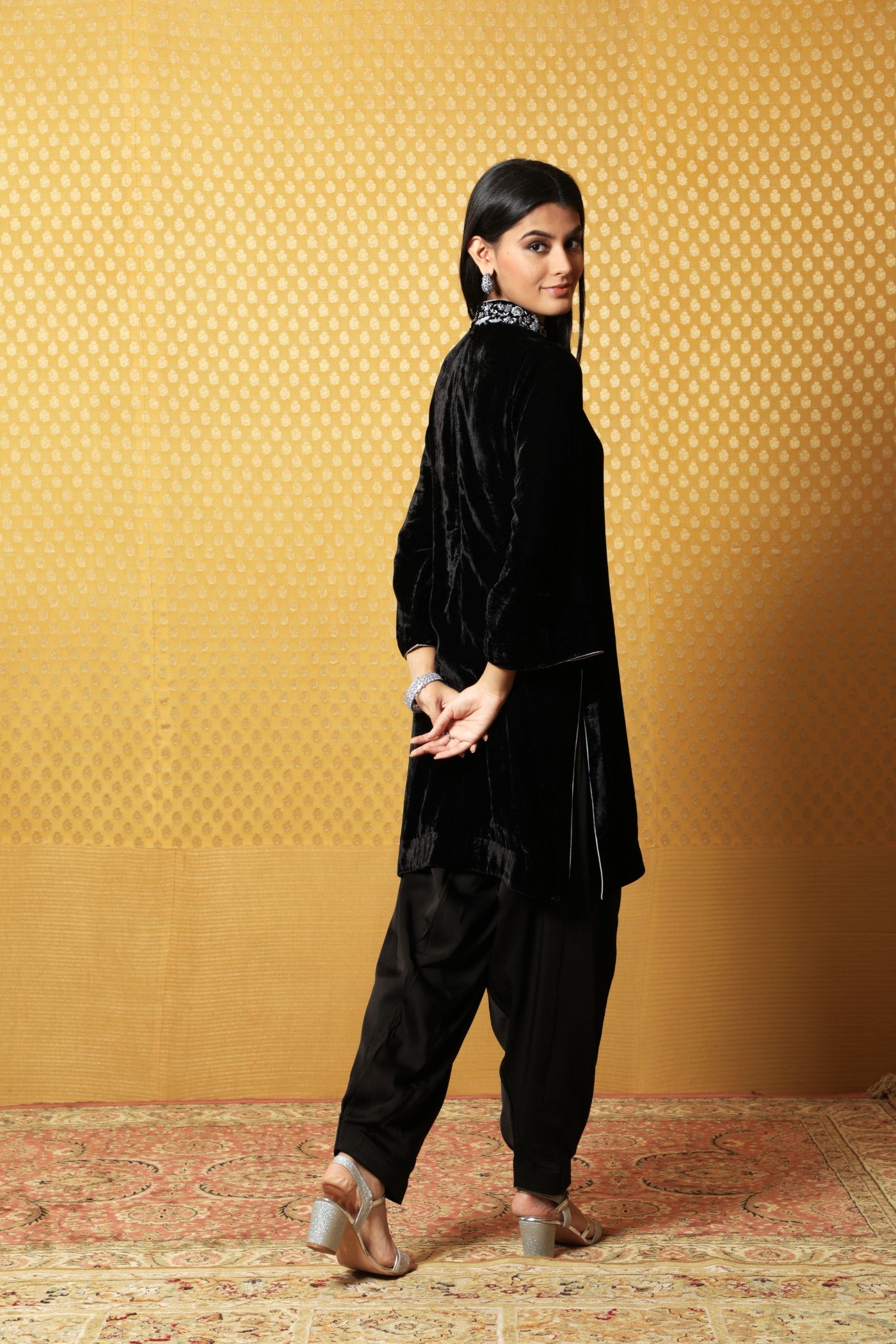 Black Hand-Embroidered Pure Silk Velvet Short Kurta Salwar Set