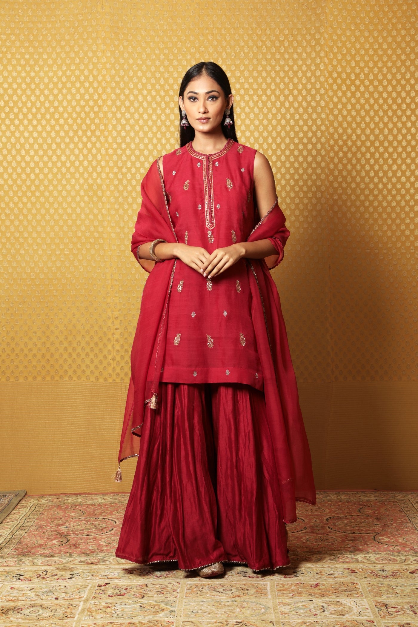 Hand-Embroidered Maroon Pure Katan- Silk Kurta-Sharara Set