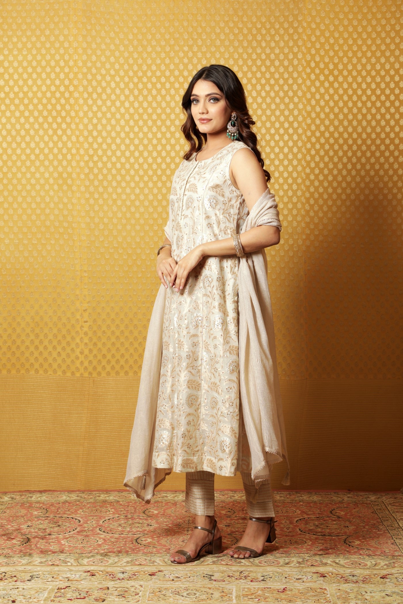 Hand-Embroidered Light Beige-Grey Pure Silk-Cotton (All-Over Jangla) Kurta-Pants Set