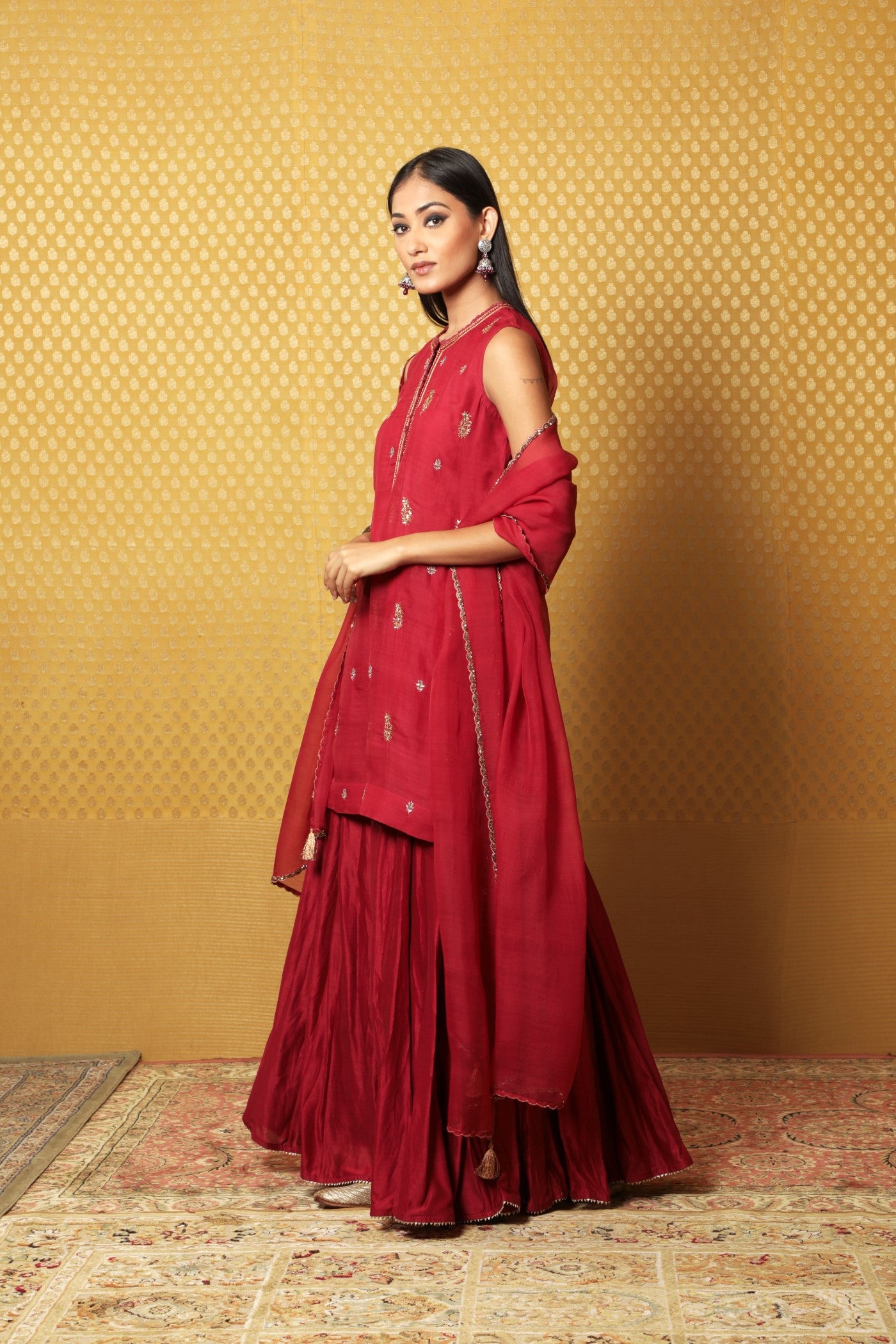 Hand-Embroidered Maroon Pure Katan- Silk Kurta-Sharara Set