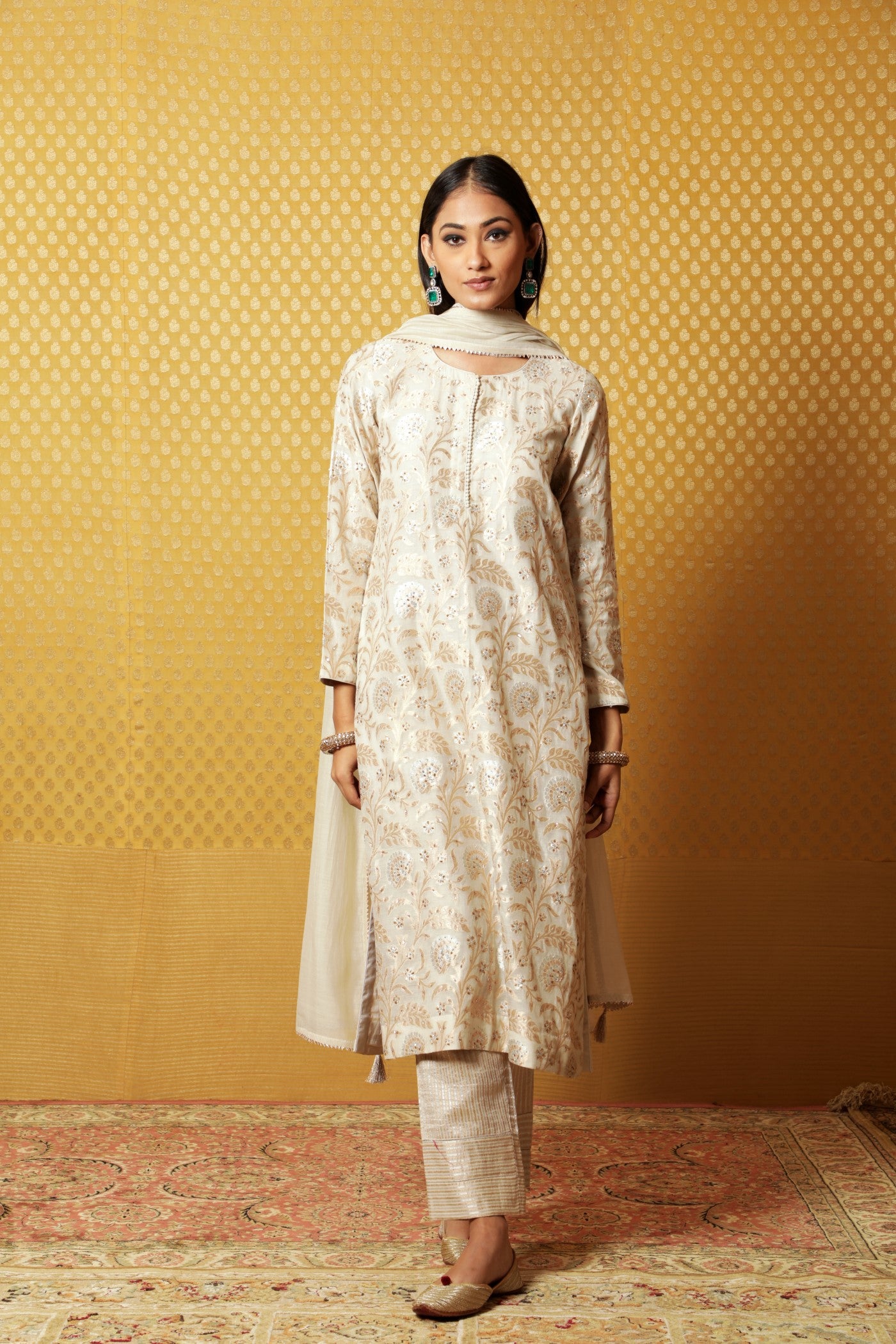 Hand-Embroidered Light Beige-Grey Pure Silk-Cotton (All-Over Jangla) Kurta-Pants Set