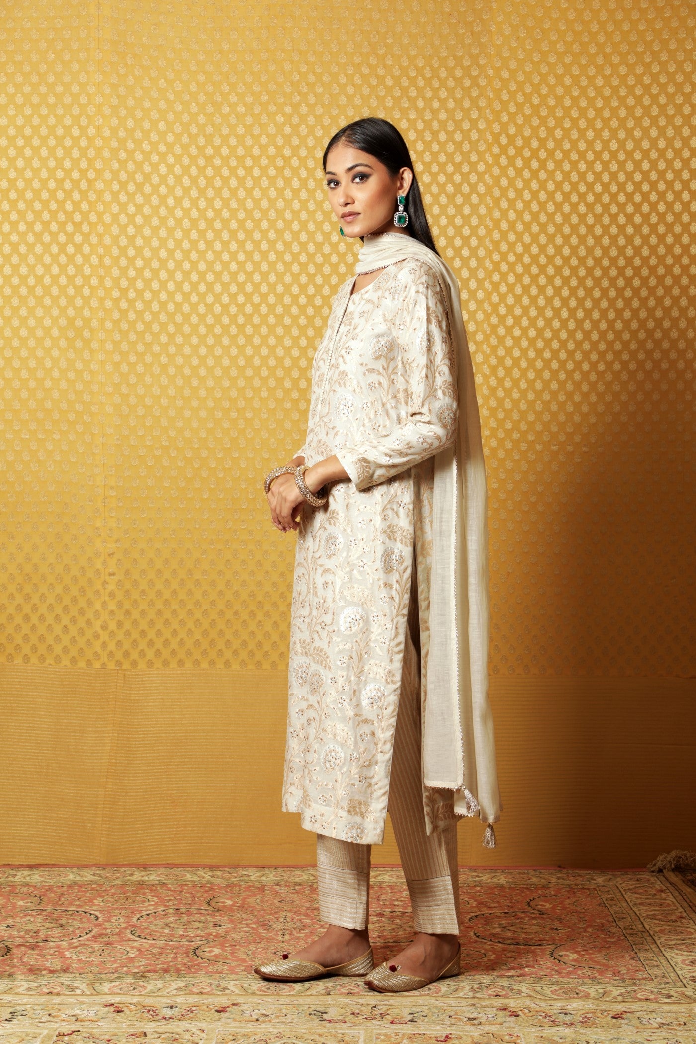 Hand-Embroidered Light Beige-Grey Pure Silk-Cotton (All-Over Jangla) Kurta-Pants Set