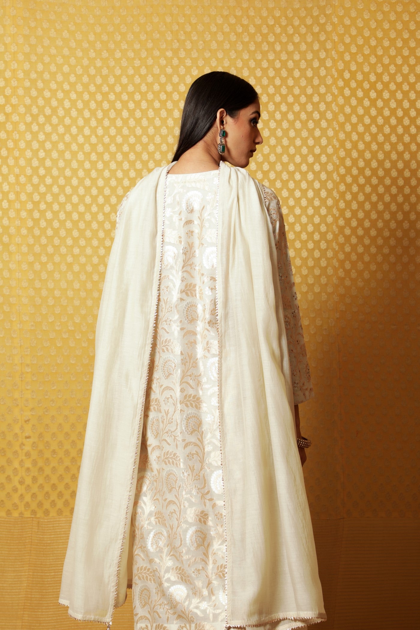 Hand-Embroidered Light Beige-Grey Pure Silk-Cotton (All-Over Jangla) Kurta-Pants Set