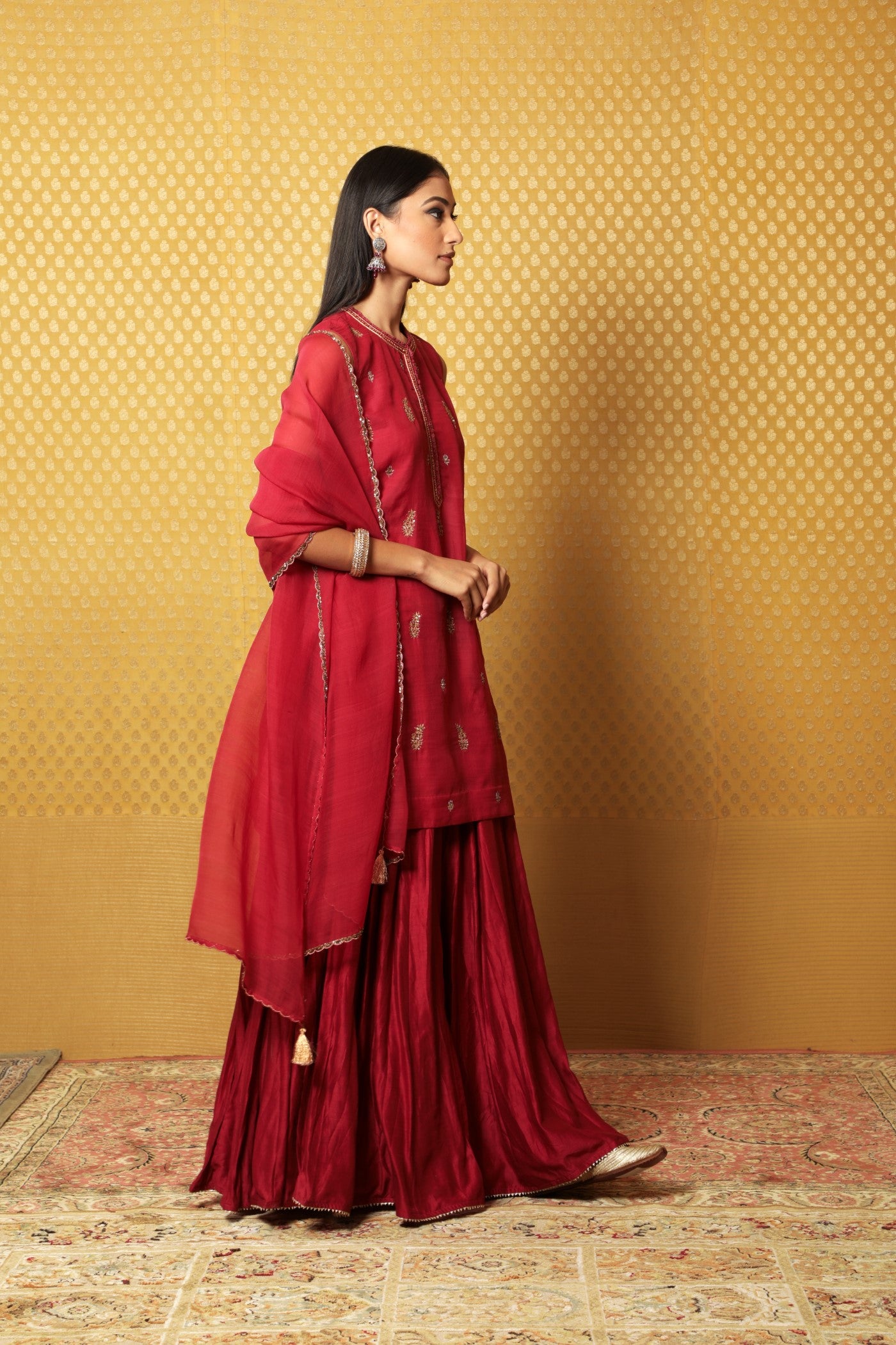 Hand-Embroidered Maroon Pure Katan- Silk Kurta-Sharara Set