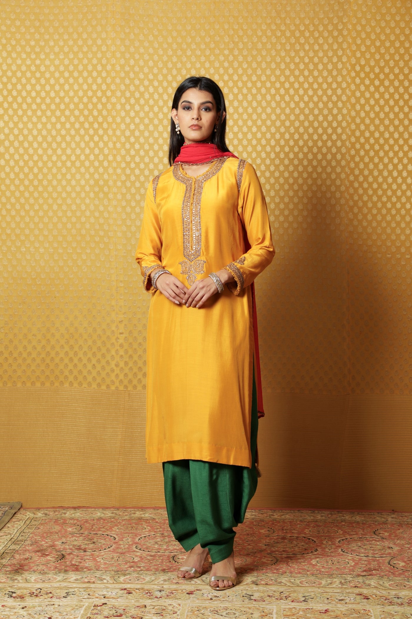 Hand-Embroidered Mango-Yellow Muga- Silk Kurta-Salwar Set
