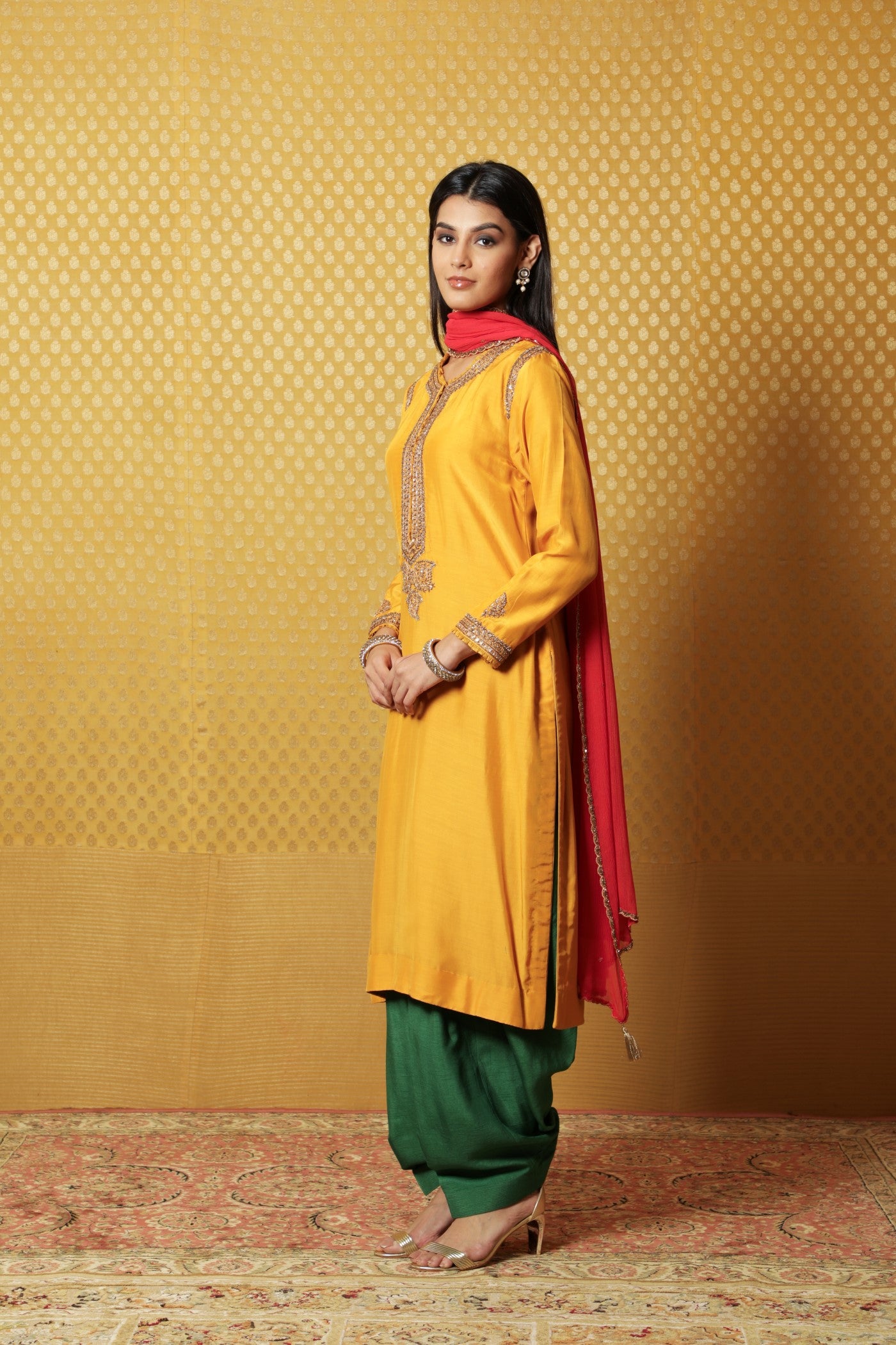 Hand-Embroidered Mango-Yellow Muga- Silk Kurta-Salwar Set