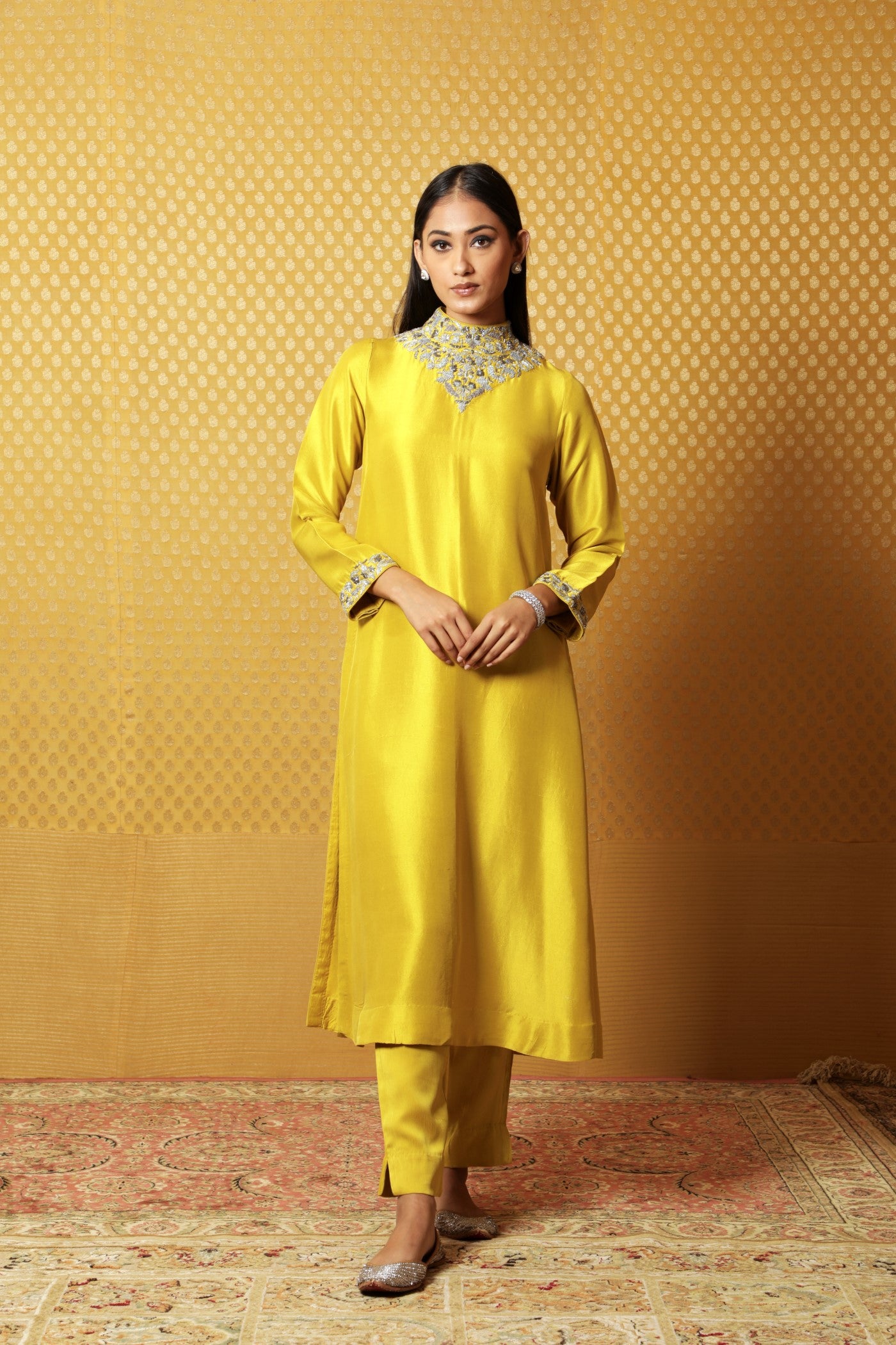 Dusty-Lime Hand-Embroidered Pure Silk Kurta-Pants Set