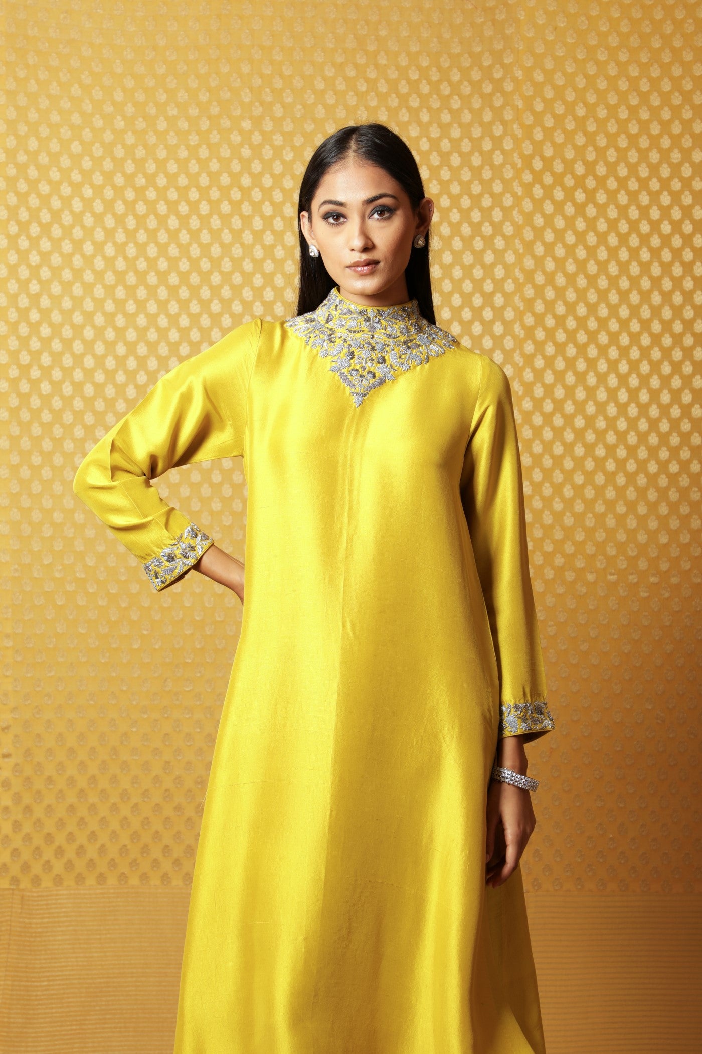 Dusty-Lime Hand-Embroidered Pure Silk Kurta-Pants Set