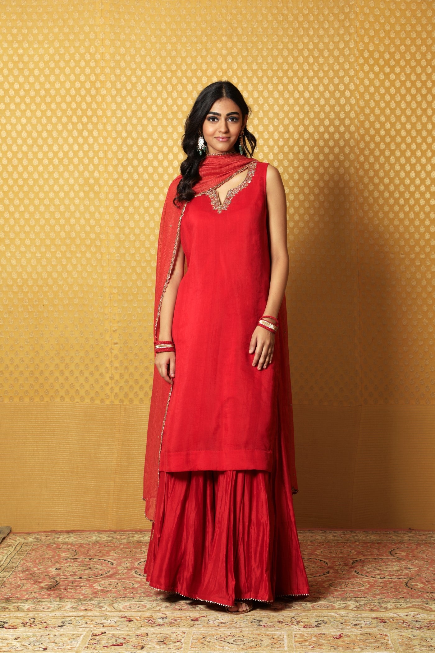 Hand-Embroidered Red Pure Katan-Silk Kurta-Sharara Set