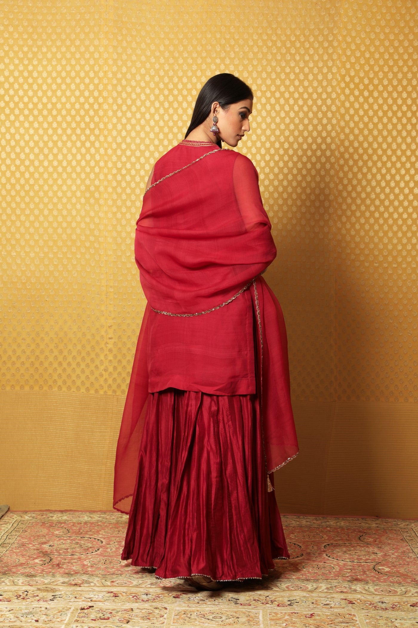 Hand-Embroidered Maroon Pure Katan- Silk Kurta-Sharara Set