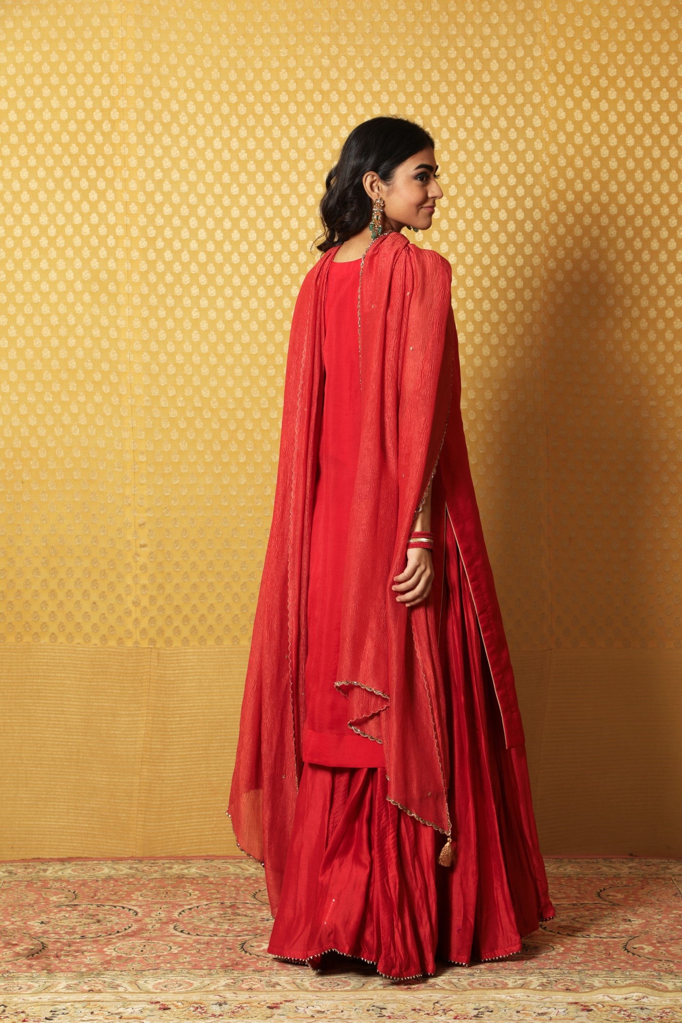 Hand-Embroidered Red Pure Katan-Silk Kurta-Sharara Set
