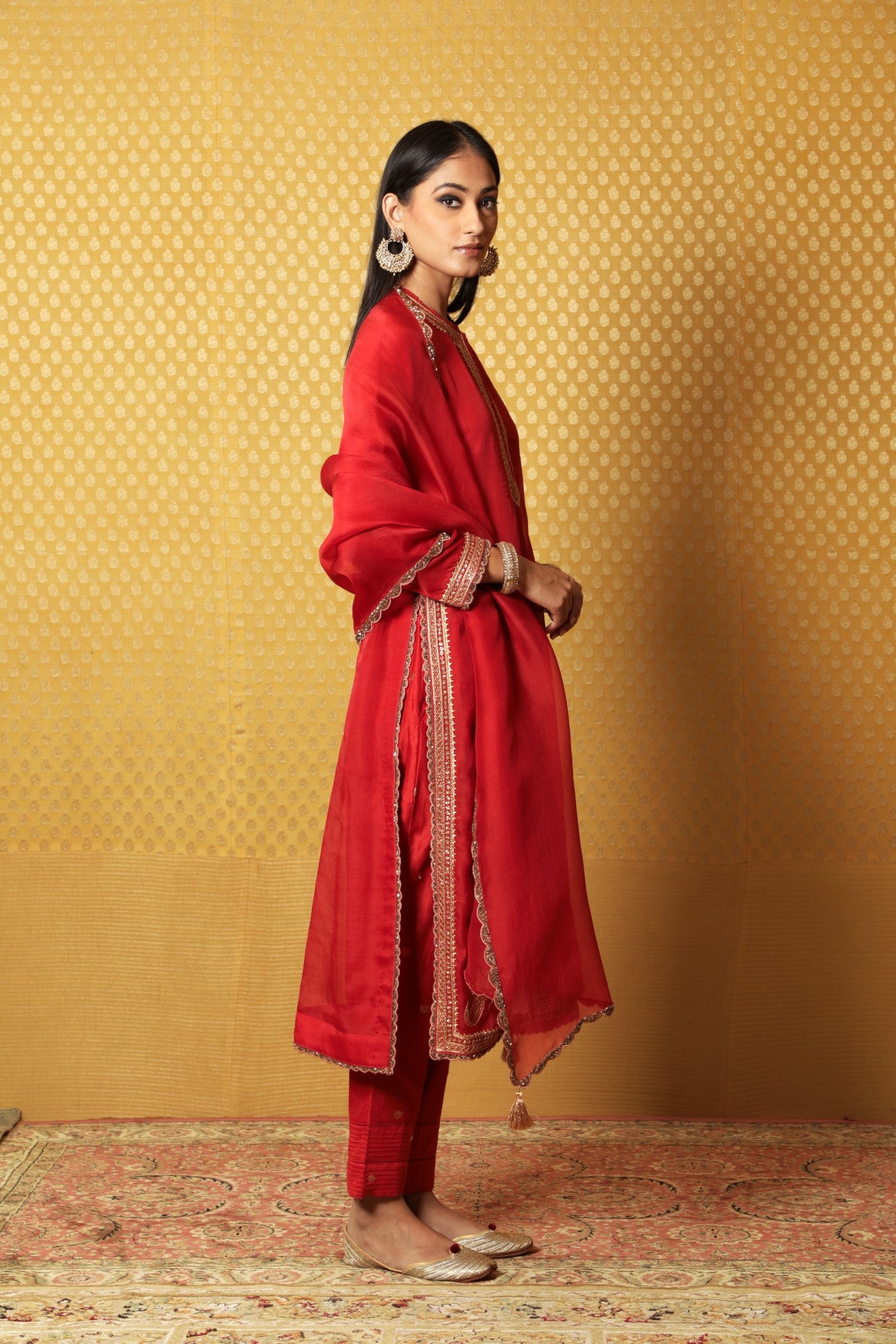 Hand-Embroidered Red Pure Katan-Silk Kurta-Pants Set