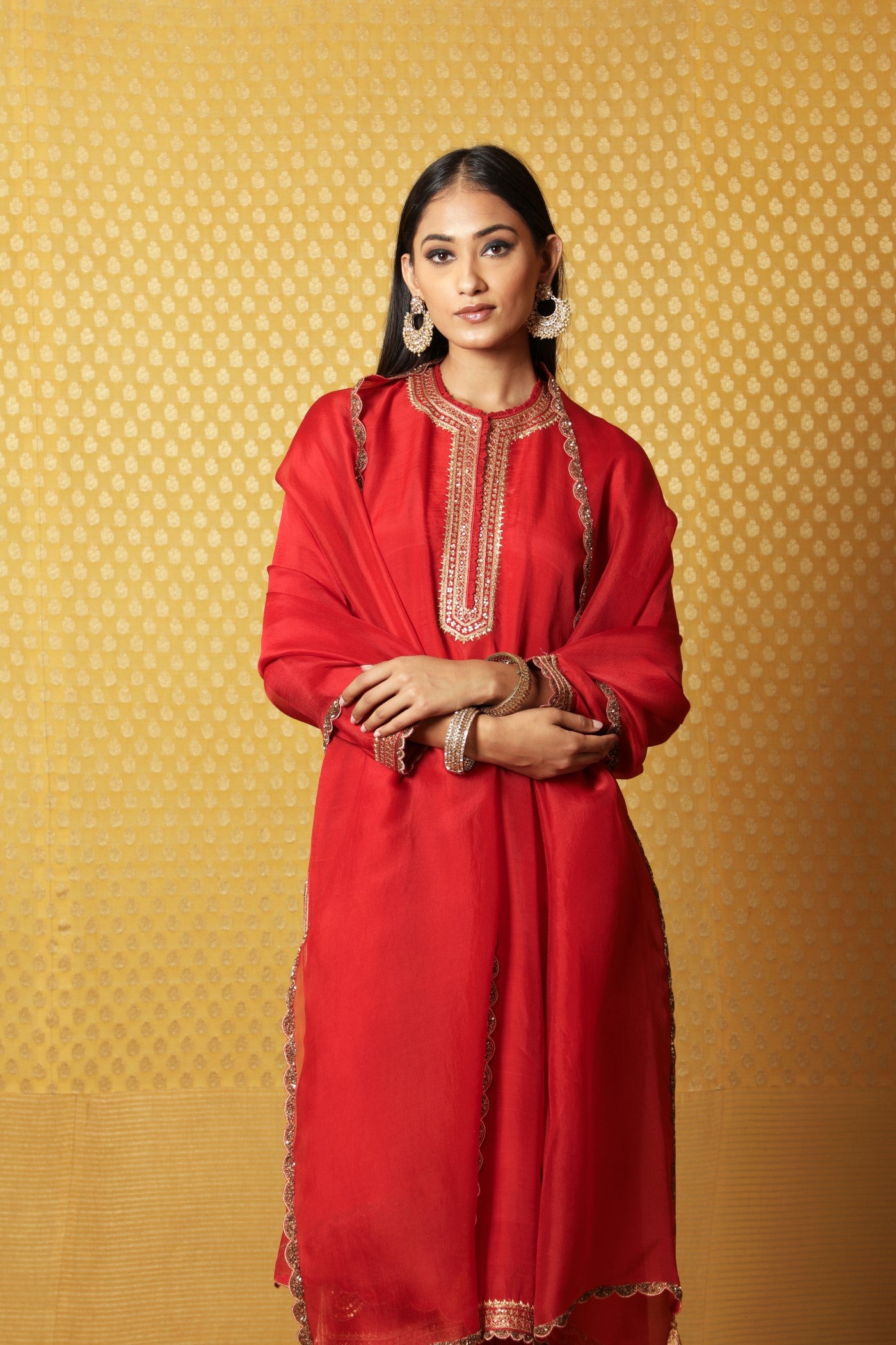 Hand-Embroidered Red Pure Katan-Silk Kurta-Pants Set