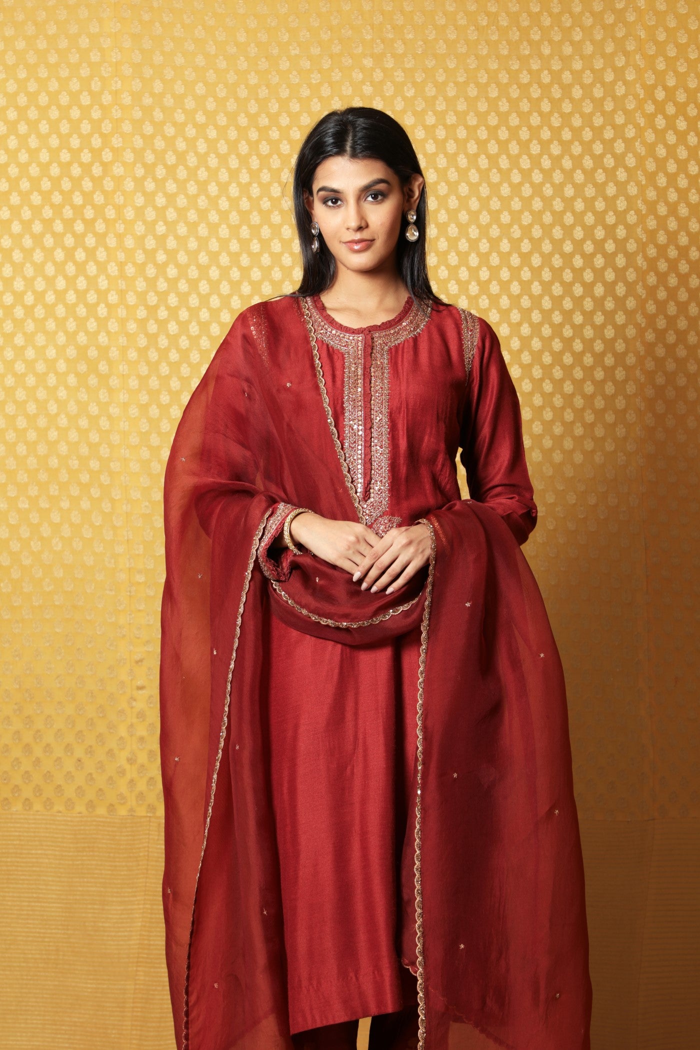 Hand-Embroidered Brick-Maroon Pure Tussar-Georgette Kurta-Pants Set