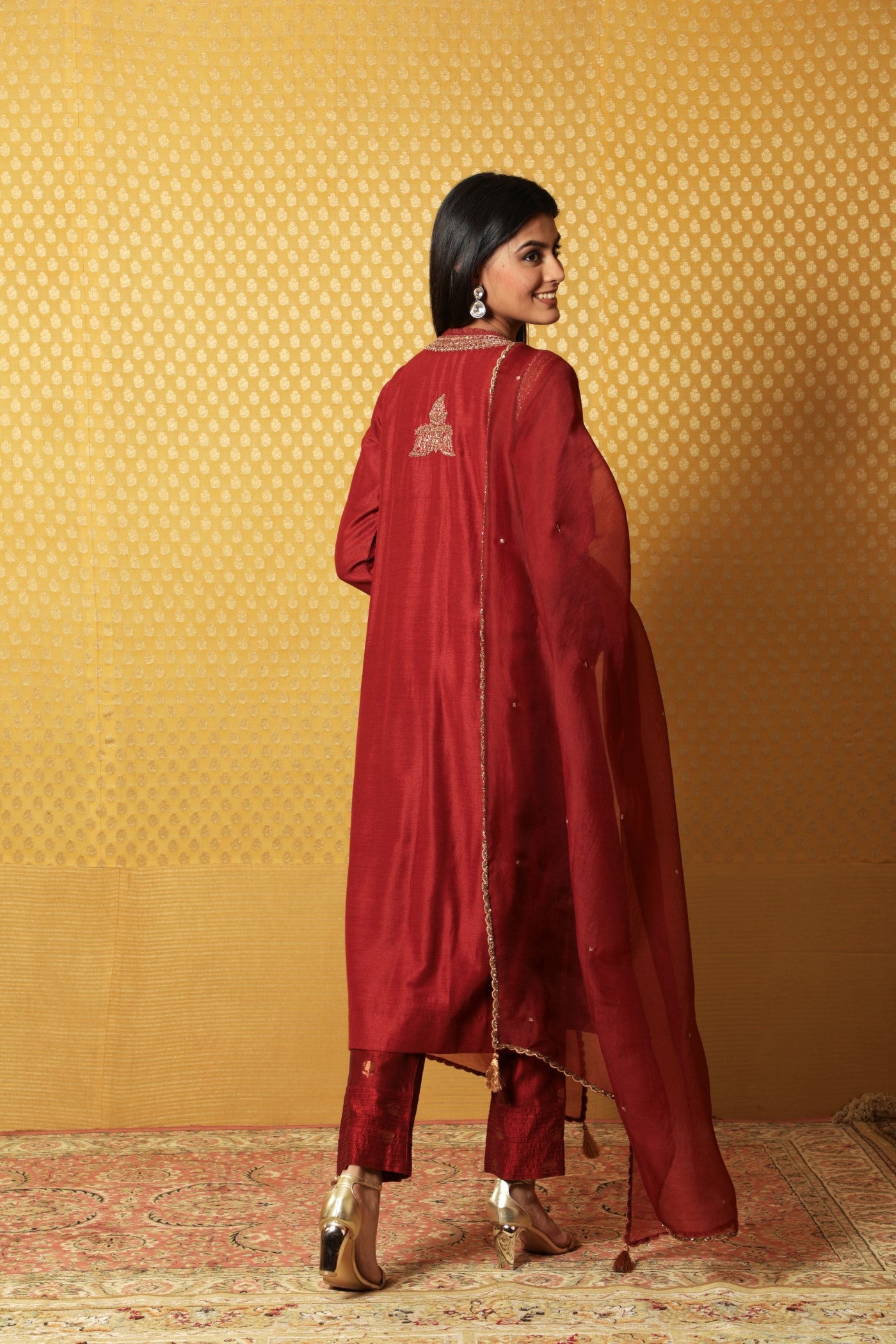 Hand-Embroidered Brick-Maroon Pure Tussar-Georgette Kurta-Pants Set
