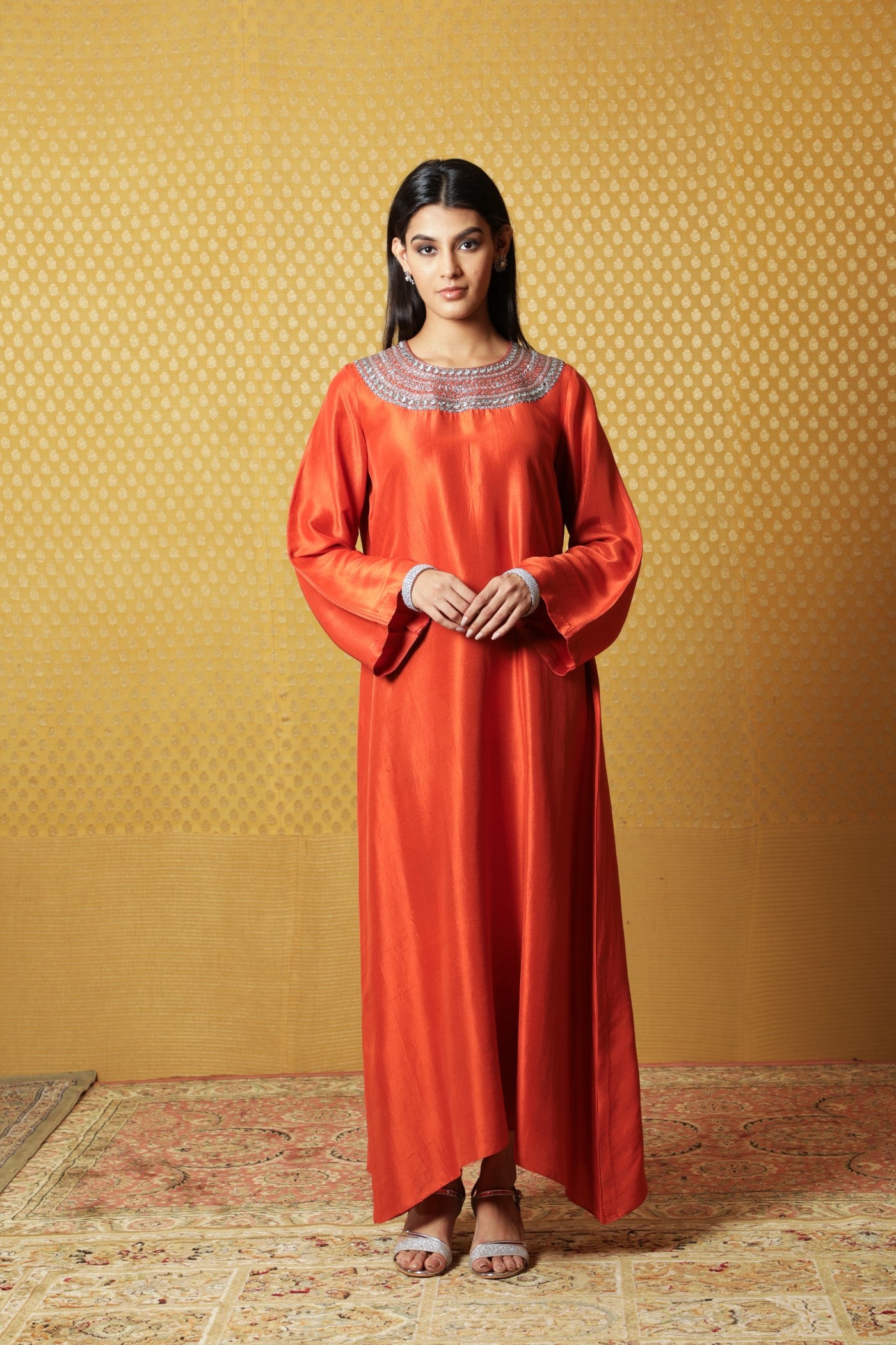 Burnt-Orange Hand-Embroidered Pure Raw Silk Long Dress