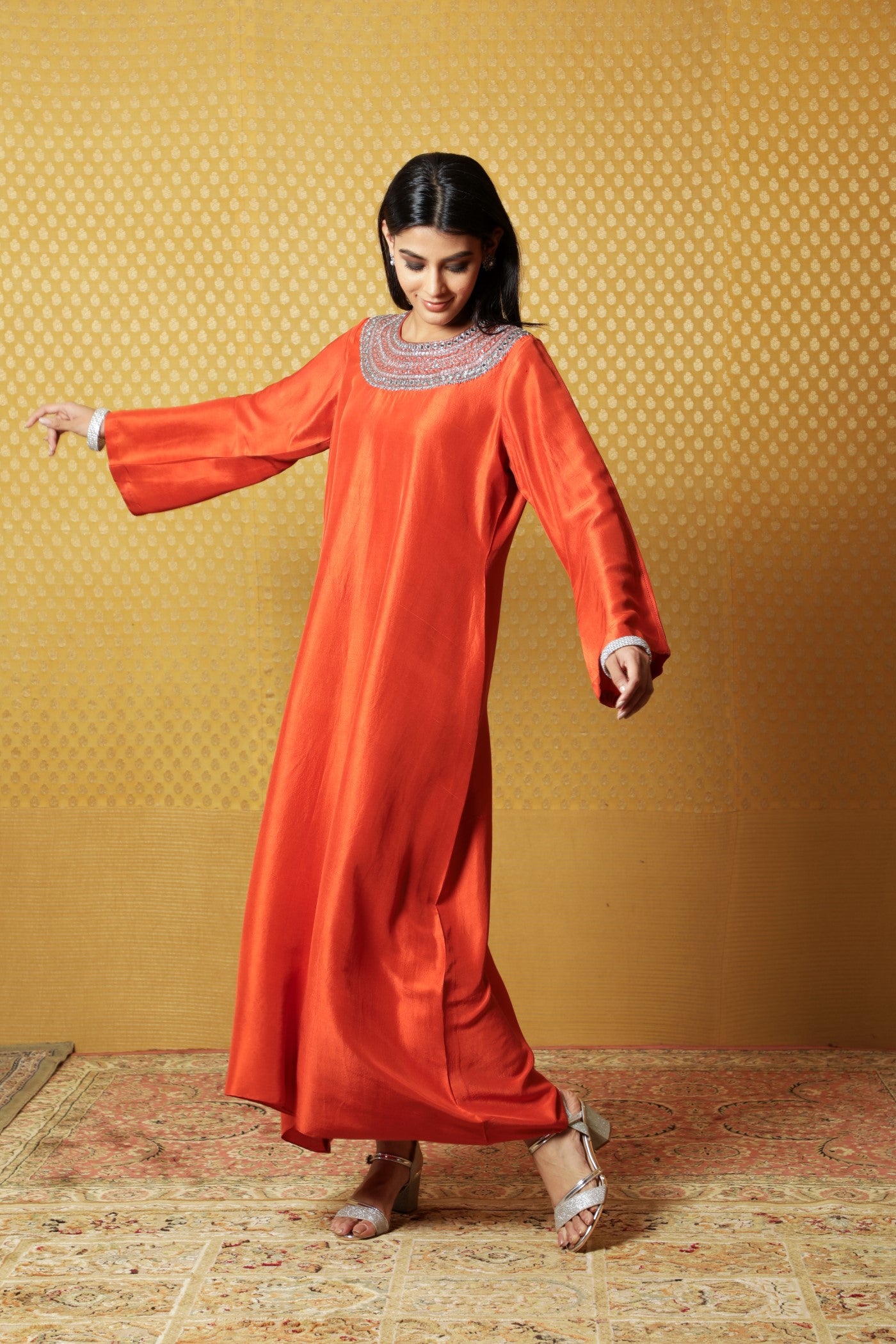 Burnt-Orange Hand-Embroidered Pure Raw Silk Long Dress