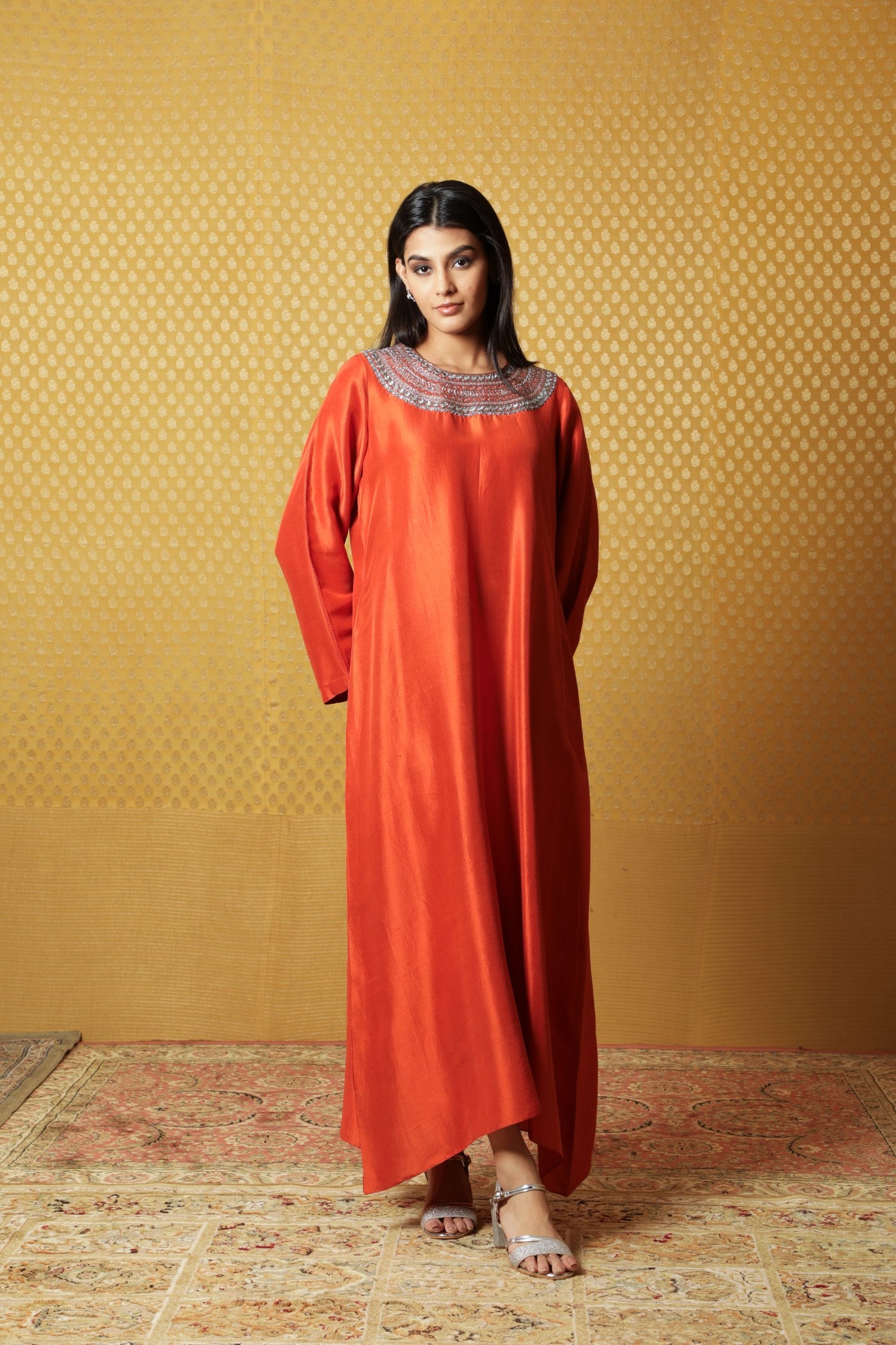 Burnt-Orange Hand-Embroidered Pure Raw Silk Long Dress