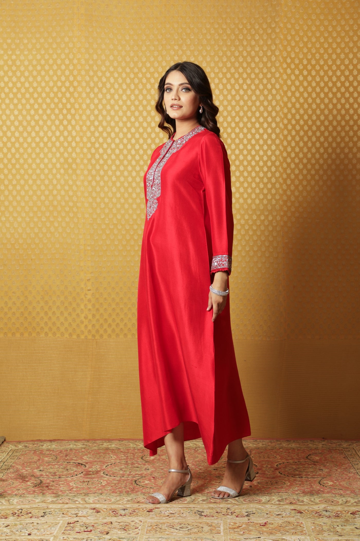 Tomato-Red Hand-Embroidered Pure Raw Silk Long Dress