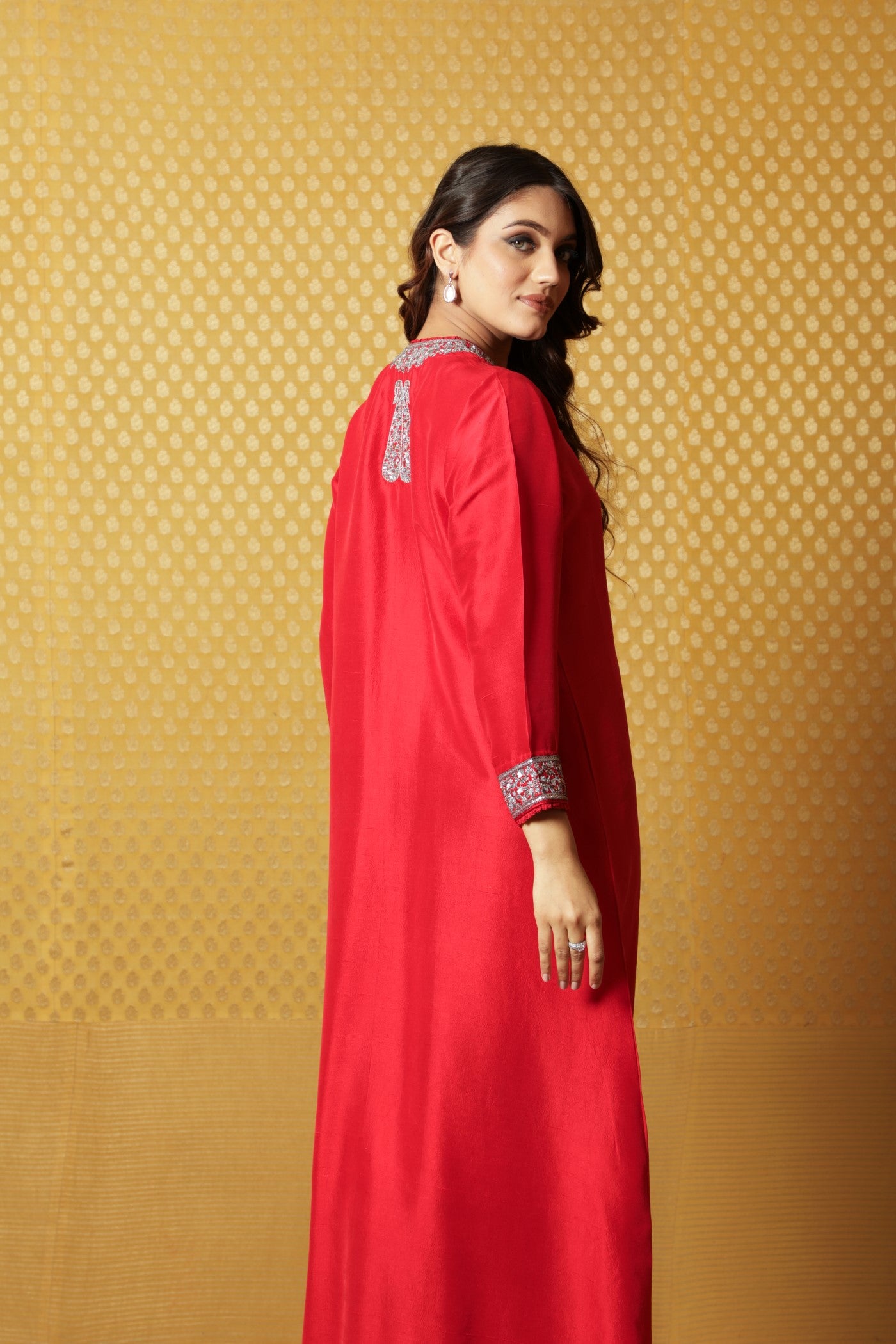 Tomato-Red Hand-Embroidered Pure Raw Silk Long Dress