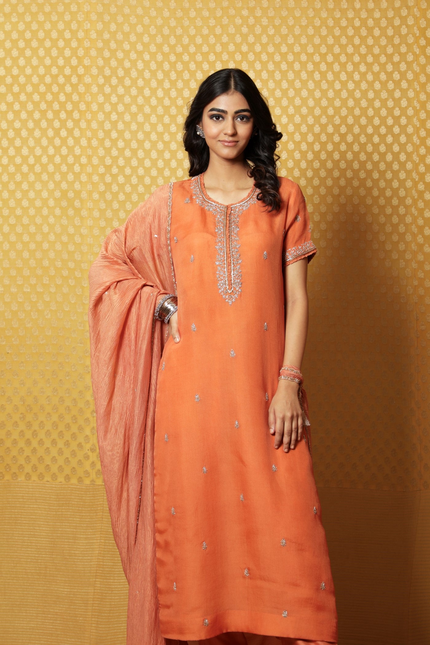 Hand-Embroidered Dusty-Orange Pure Silk- Organza Kurta-Pants Set