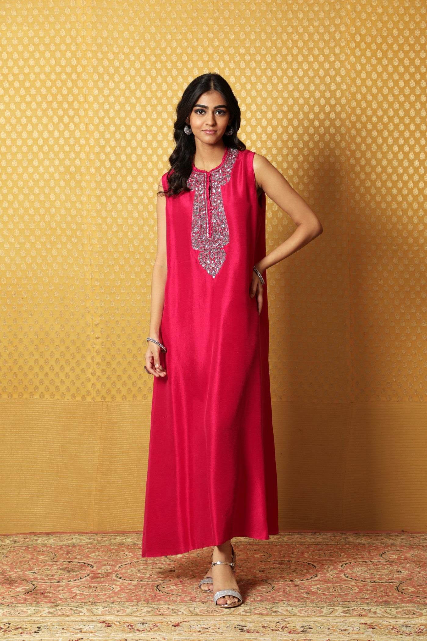 Rani-Pink Hand-Embroidered Pure Raw Silk Sleeveless Long Dress