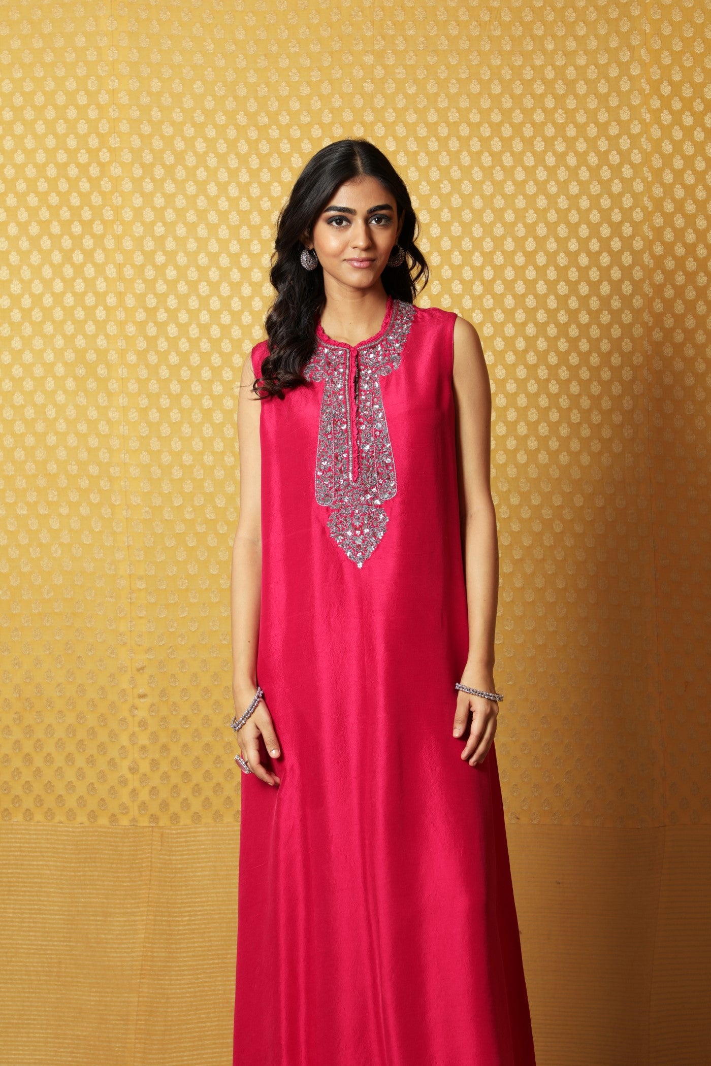 Rani-Pink Hand-Embroidered Pure Raw Silk Sleeveless Long Dress