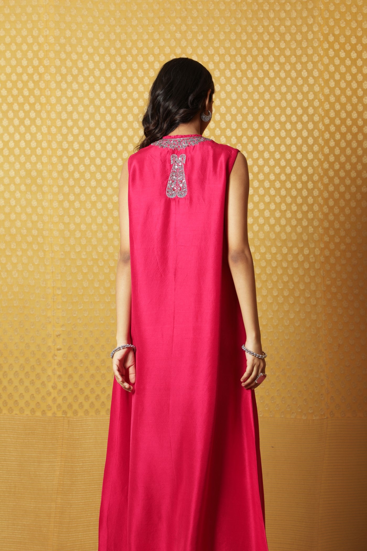 Rani-Pink Hand-Embroidered Pure Raw Silk Sleeveless Long Dress