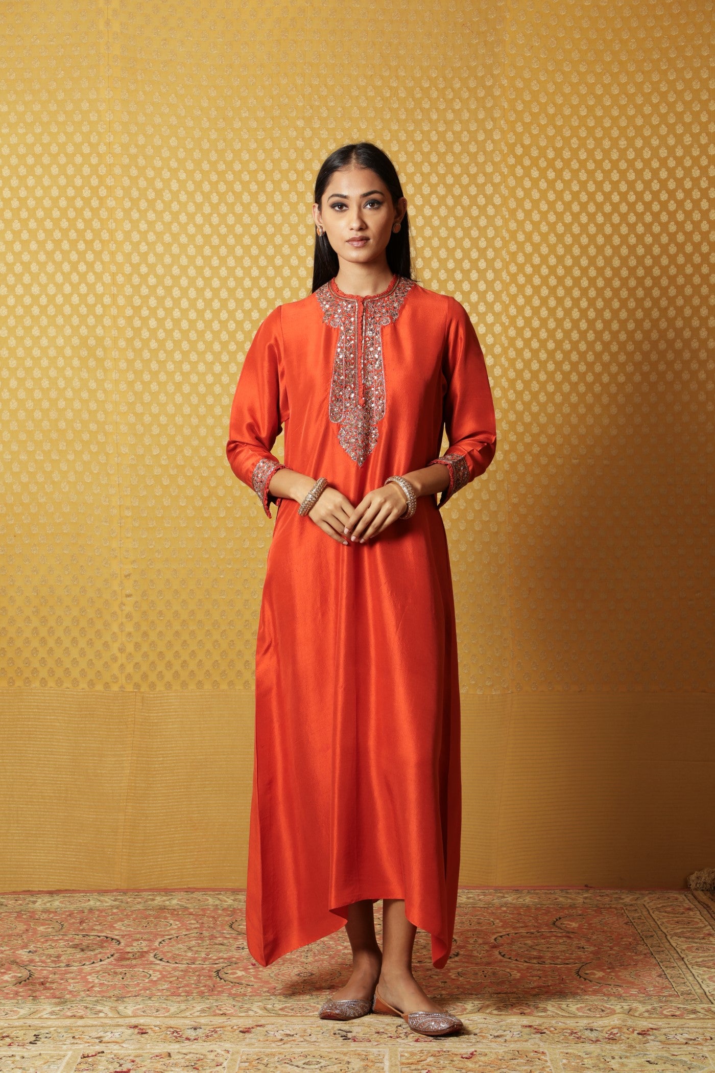 Burnt Orange Hand Embroidered Pure Raw Silk Long Dress