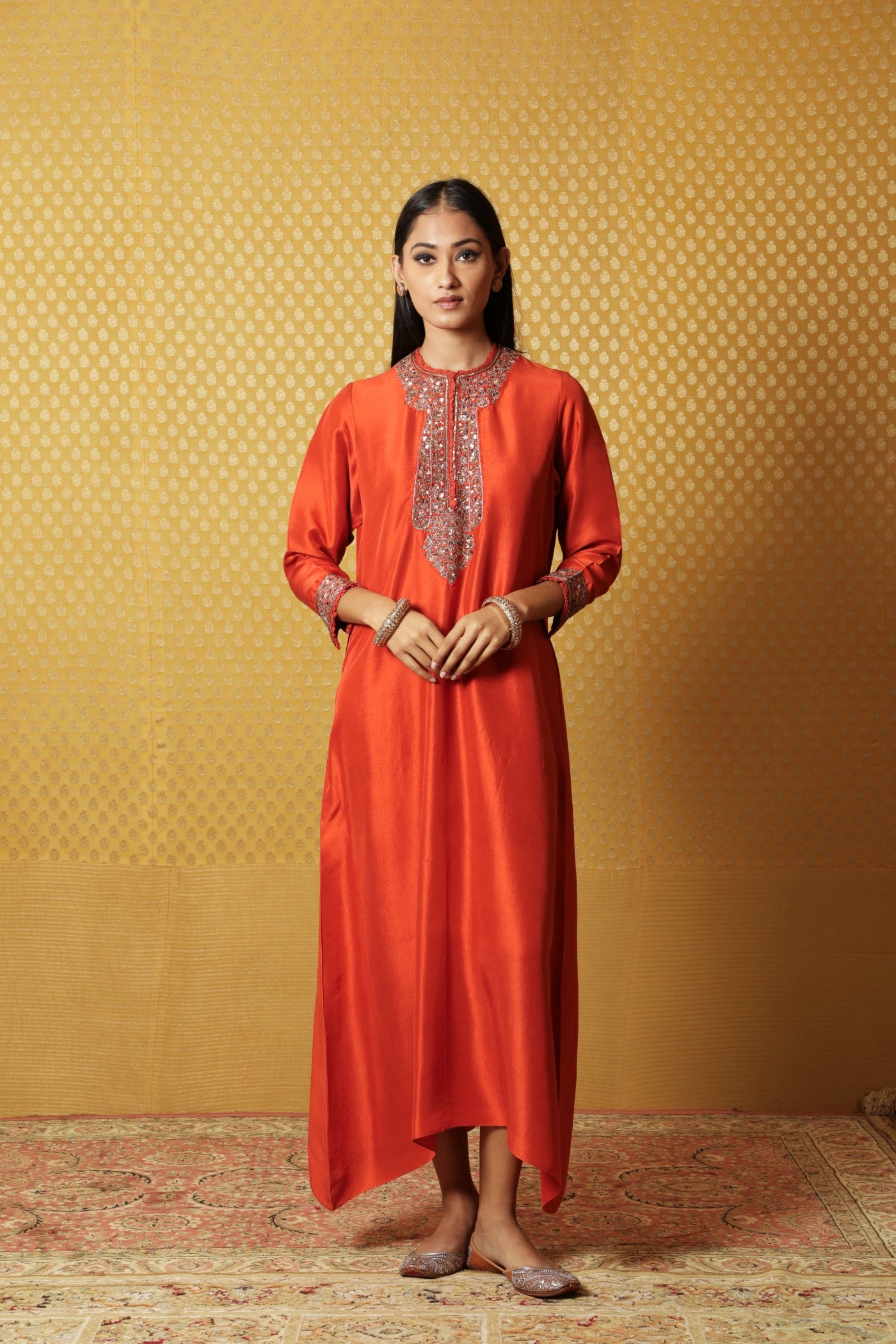 Burnt-Orange Hand-Embroidered Pure Raw Silk Long Dress Burnt-Orange Hand-Embroidered Pure Raw Silk Long Dress