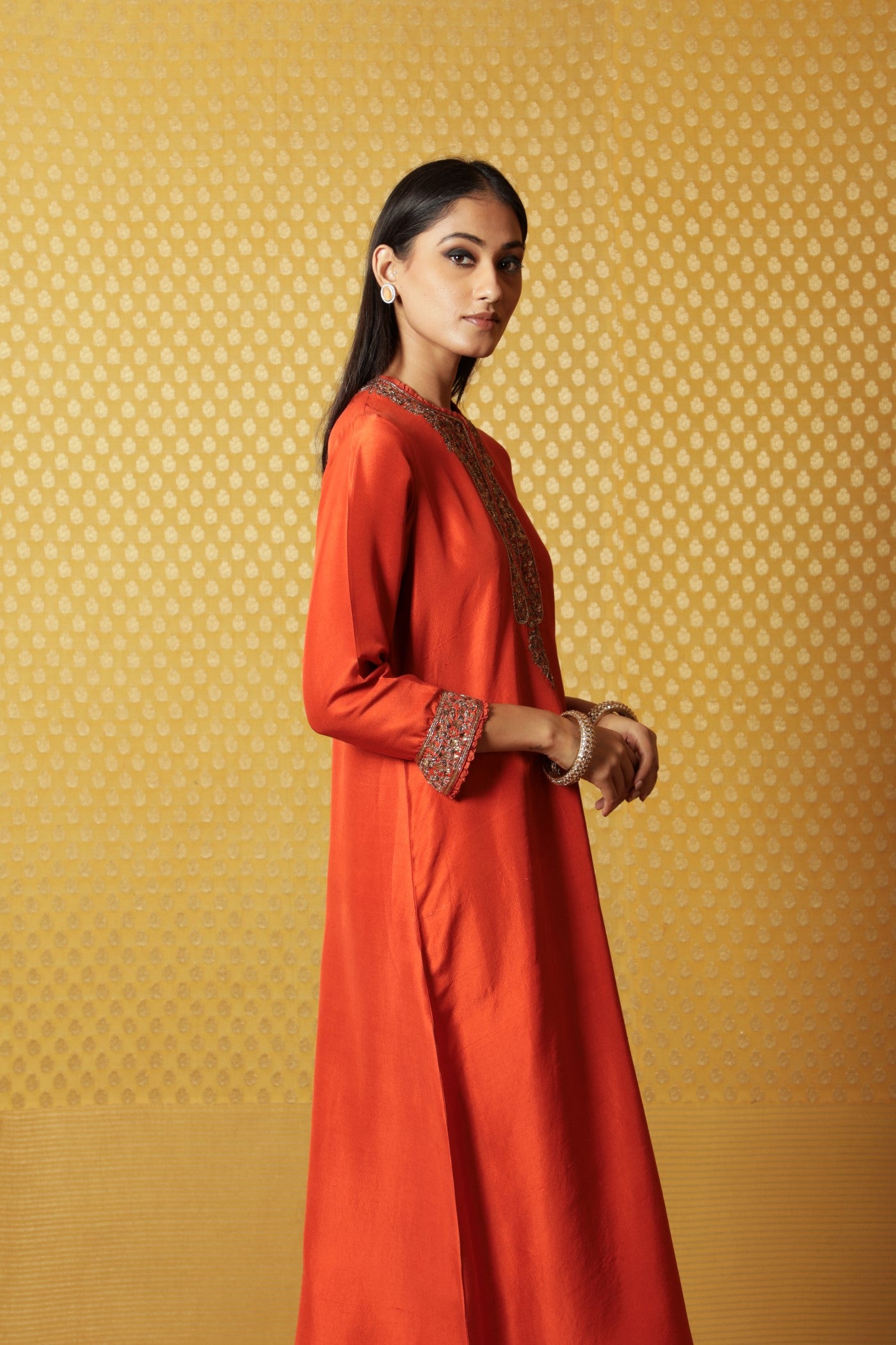 Burnt-Orange Hand-Embroidered Pure Raw Silk Long Dress