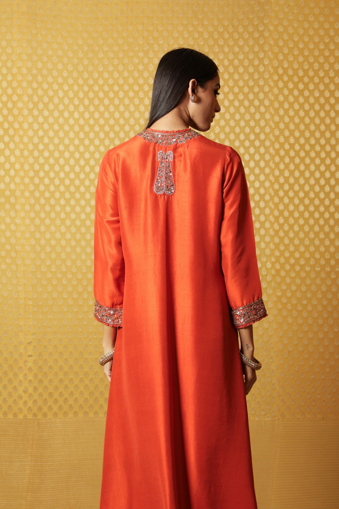 Burnt-Orange Hand-Embroidered Pure Raw Silk Long Dress