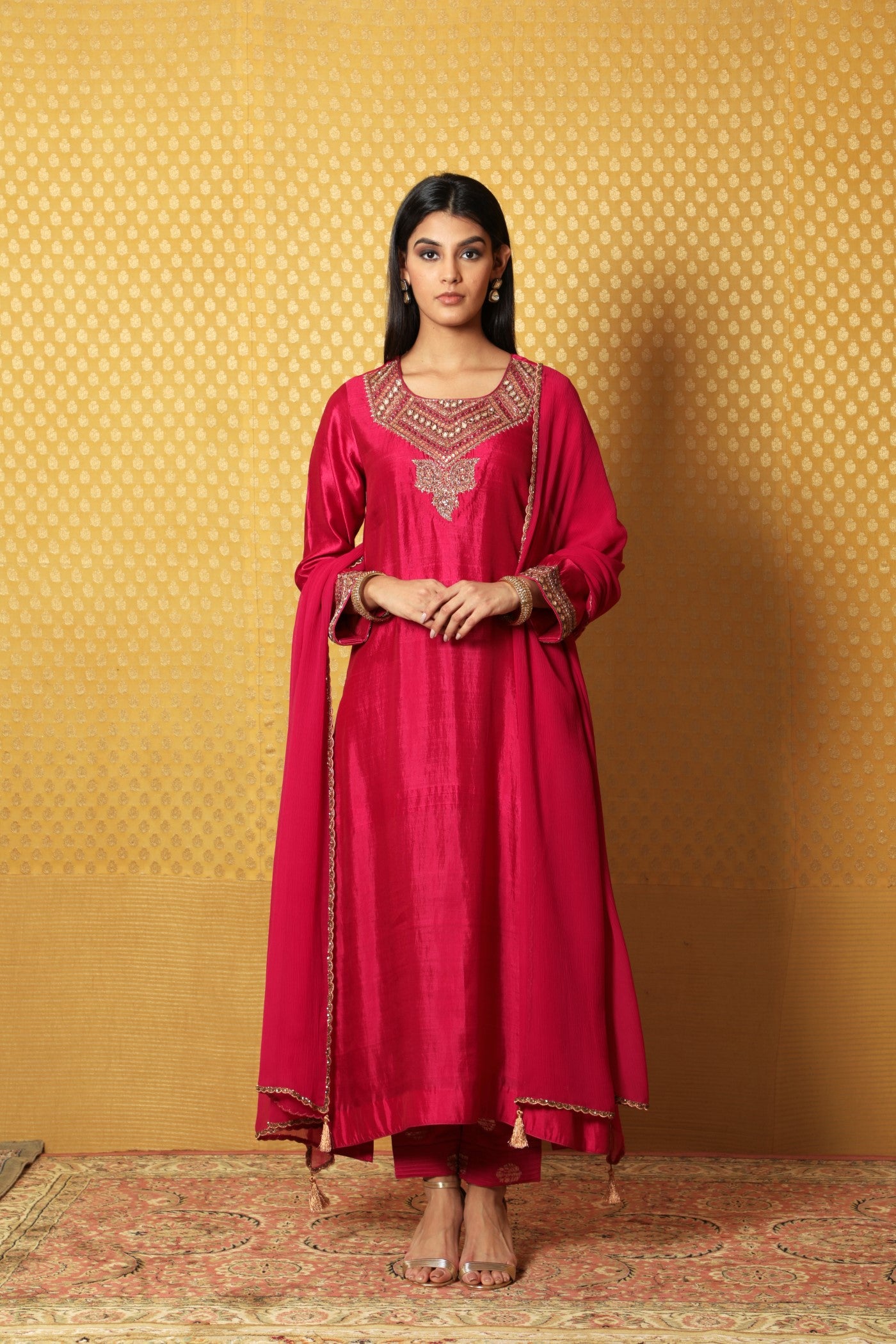 Jazzy-Pink Hand-Embroidered Pure Silk A- Line Kurta-Pants Set