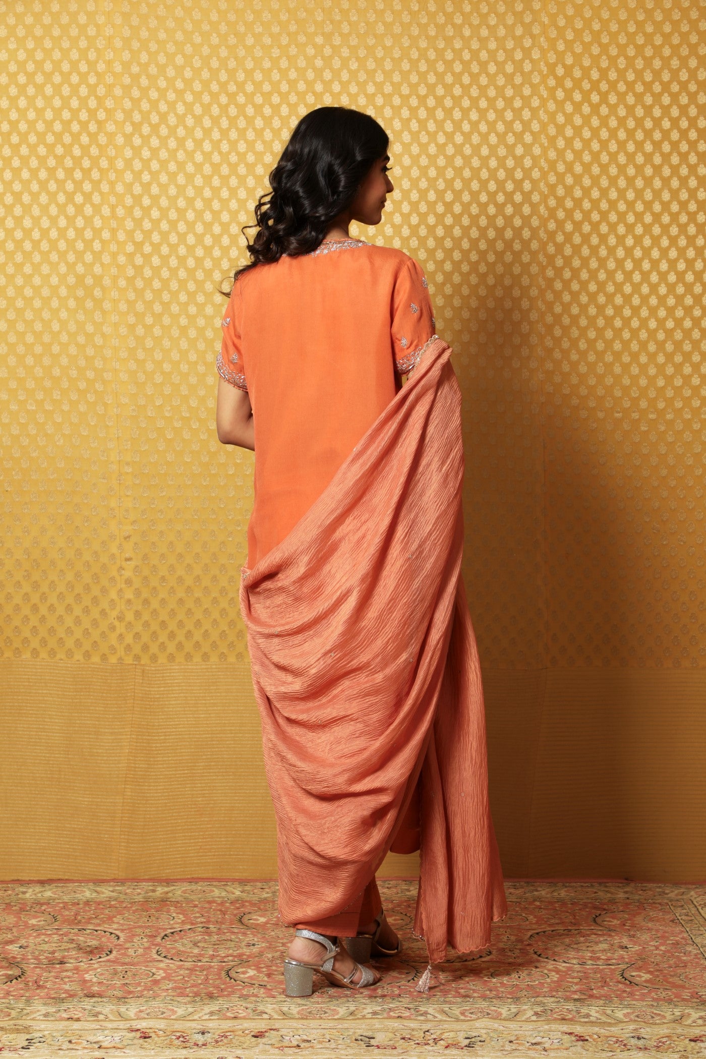 Hand-Embroidered Dusty-Orange Pure Silk- Organza Kurta-Pants Set