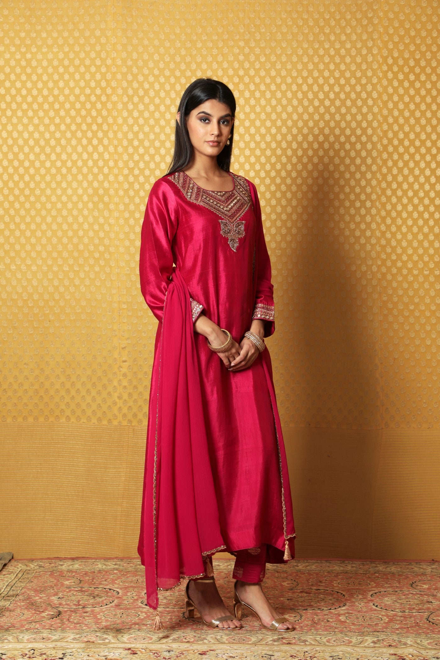 Jazzy-Pink Hand-Embroidered Pure Silk A- Line Kurta-Pants Set