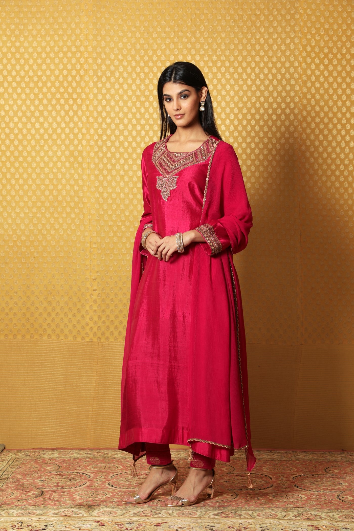 Jazzy-Pink Hand-Embroidered Pure Silk A- Line Kurta-Pants Set