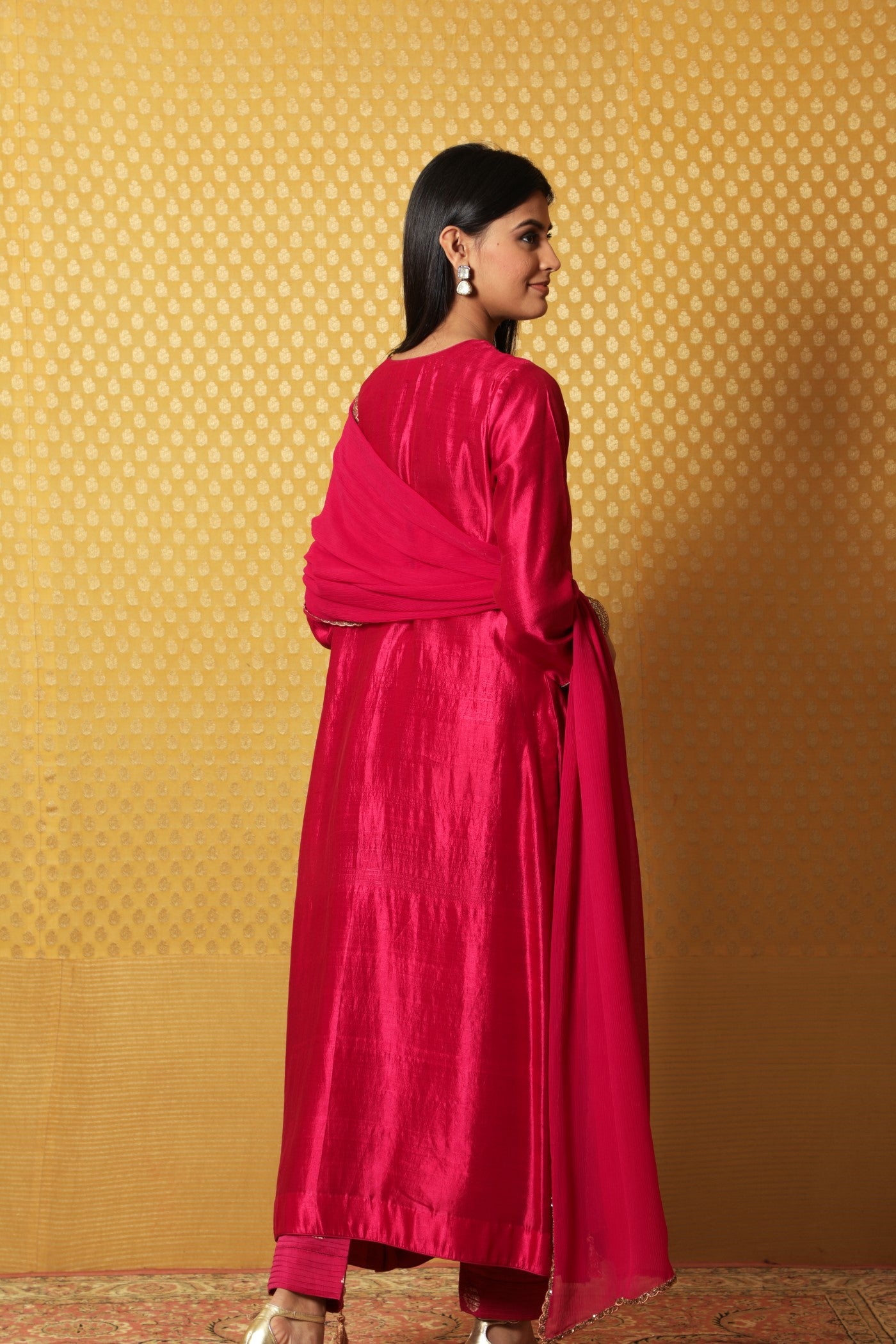 Jazzy-Pink Hand-Embroidered Pure Silk A- Line Kurta-Pants Set
