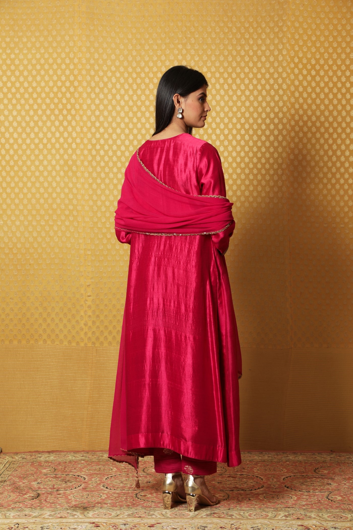Jazzy-Pink Hand-Embroidered Pure Silk A- Line Kurta-Pants Set