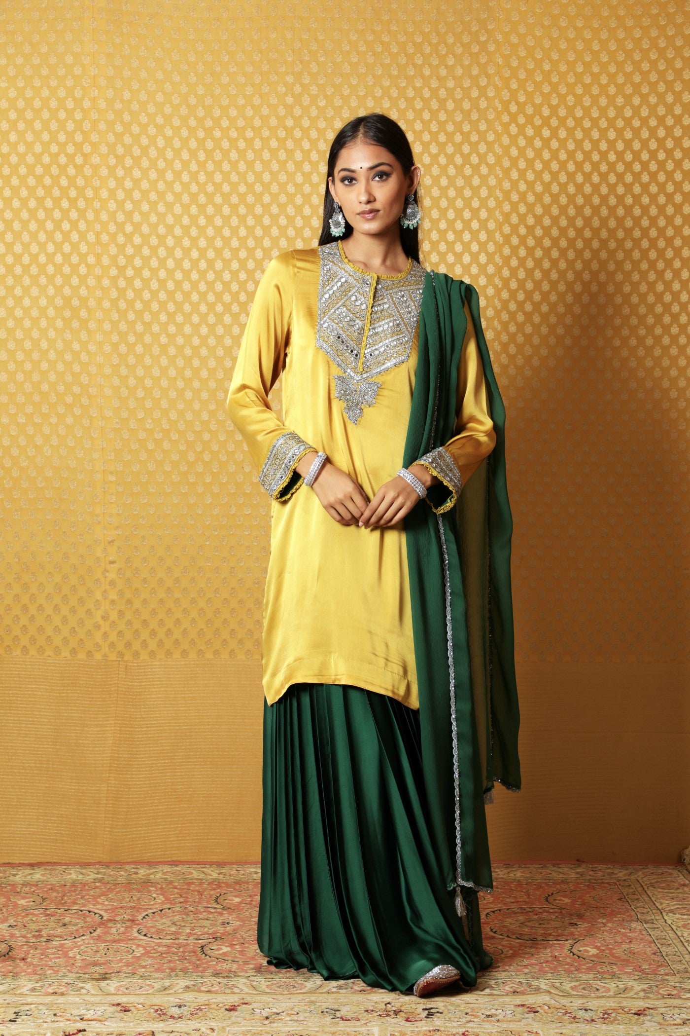 Mustard Hand-Embroidered Satin Kurta Paired With Green Dupatta & Green Draped-Skirt