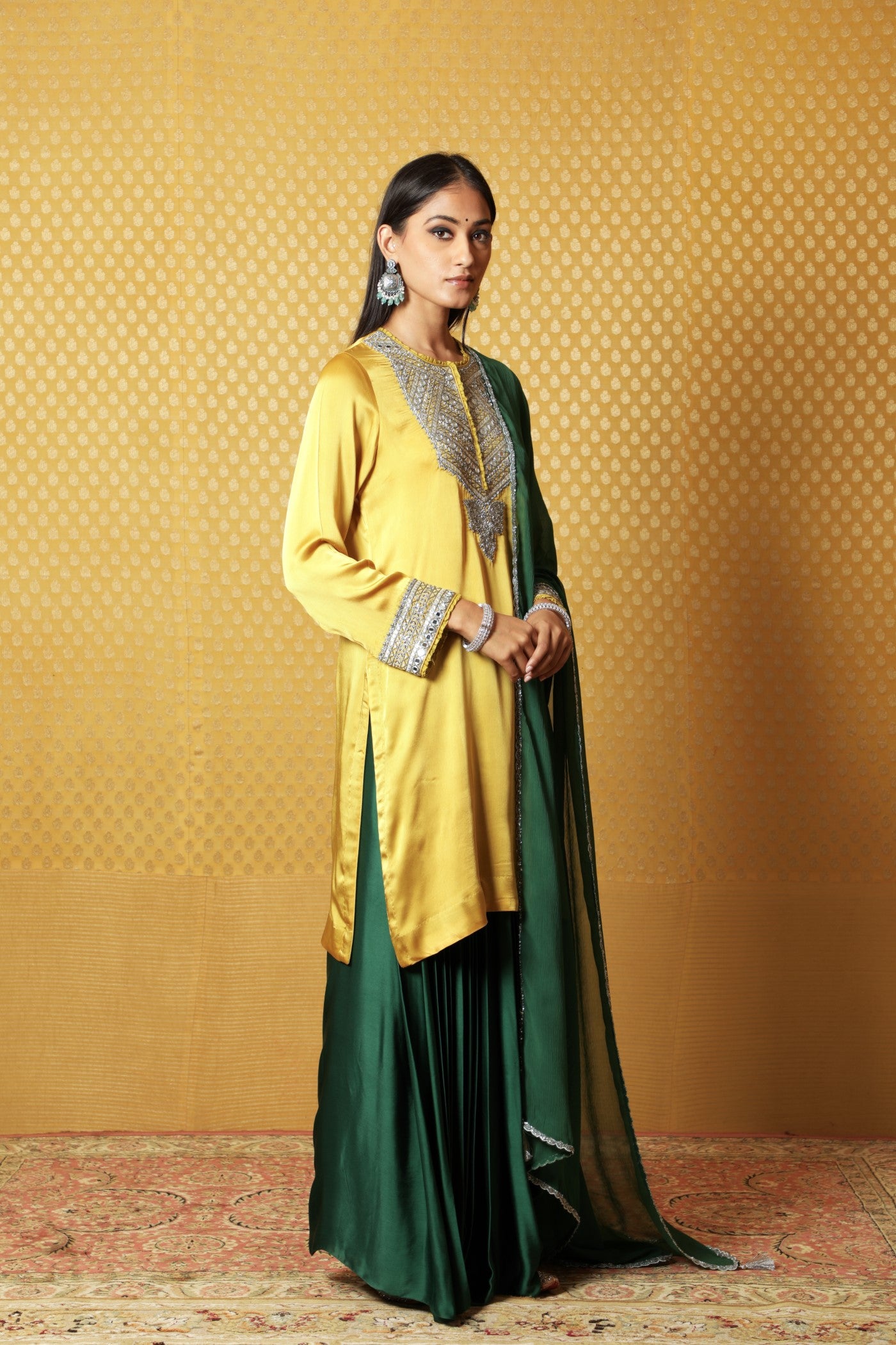 Mustard Hand-Embroidered Satin Kurta Paired With Green Dupatta & Green Draped-Skirt