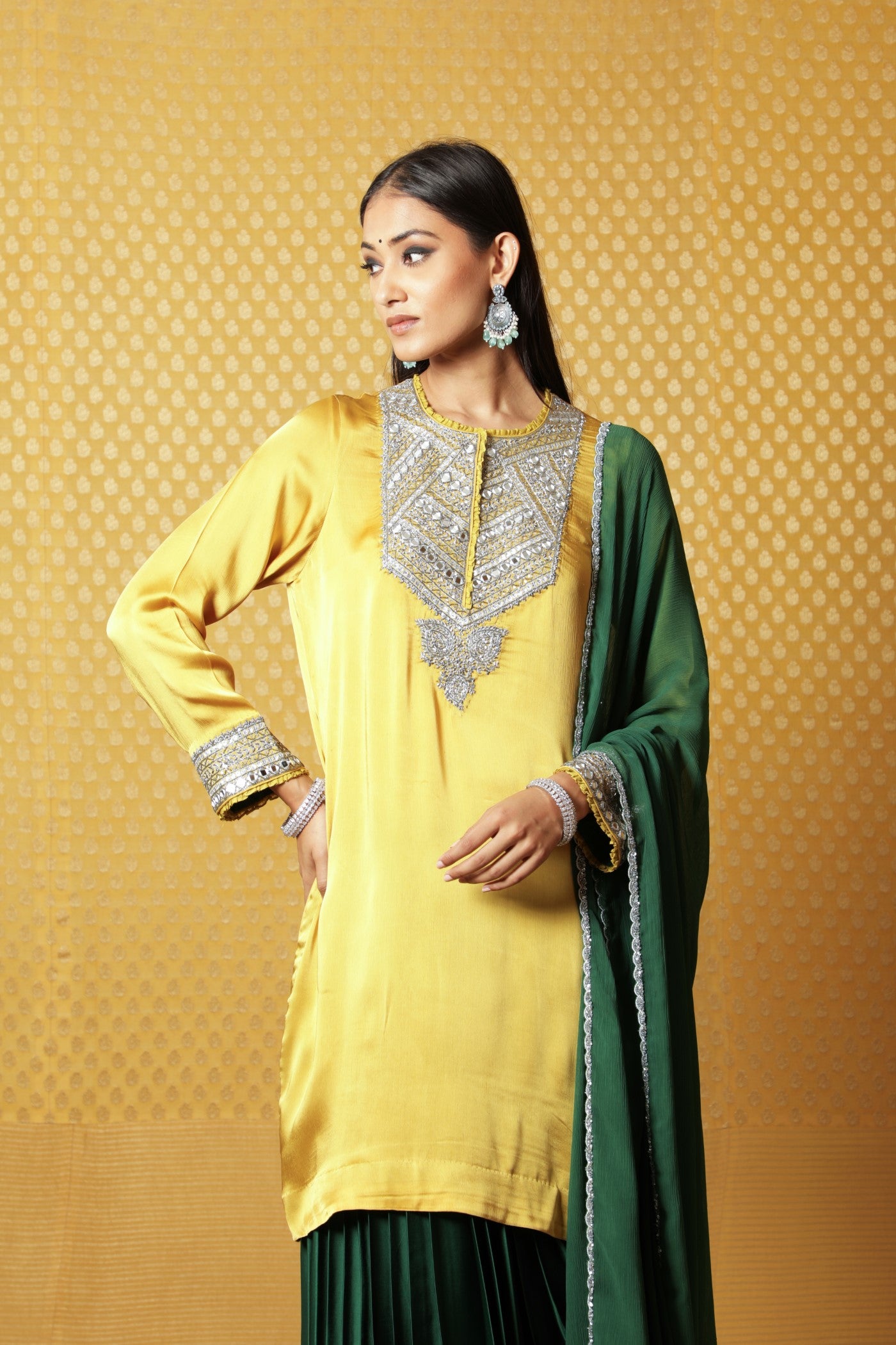 Mustard Hand-Embroidered Satin Kurta Paired With Green Dupatta & Green Draped-Skirt