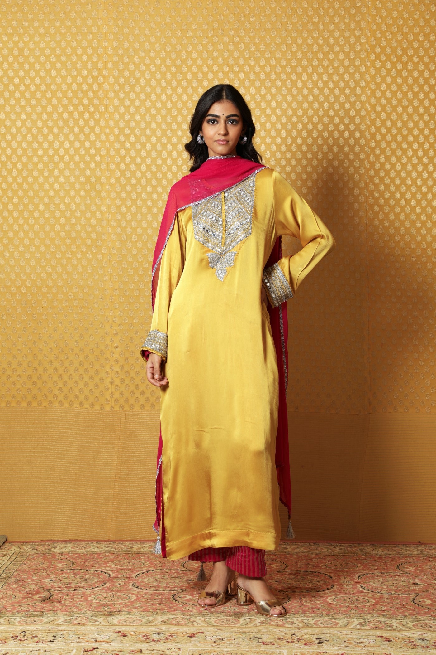 Mustard Hand-Embroidered Satin Kurta Paired With Pink Dupatta And Pink Pants
