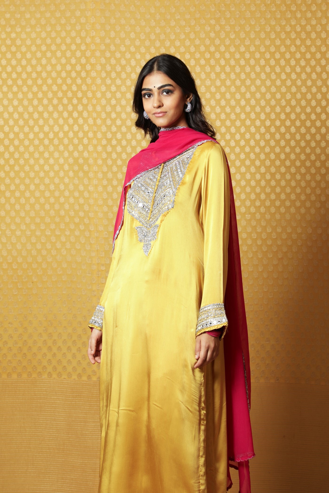 Mustard Hand-Embroidered Satin Kurta Paired With Pink Dupatta And Pink Pants